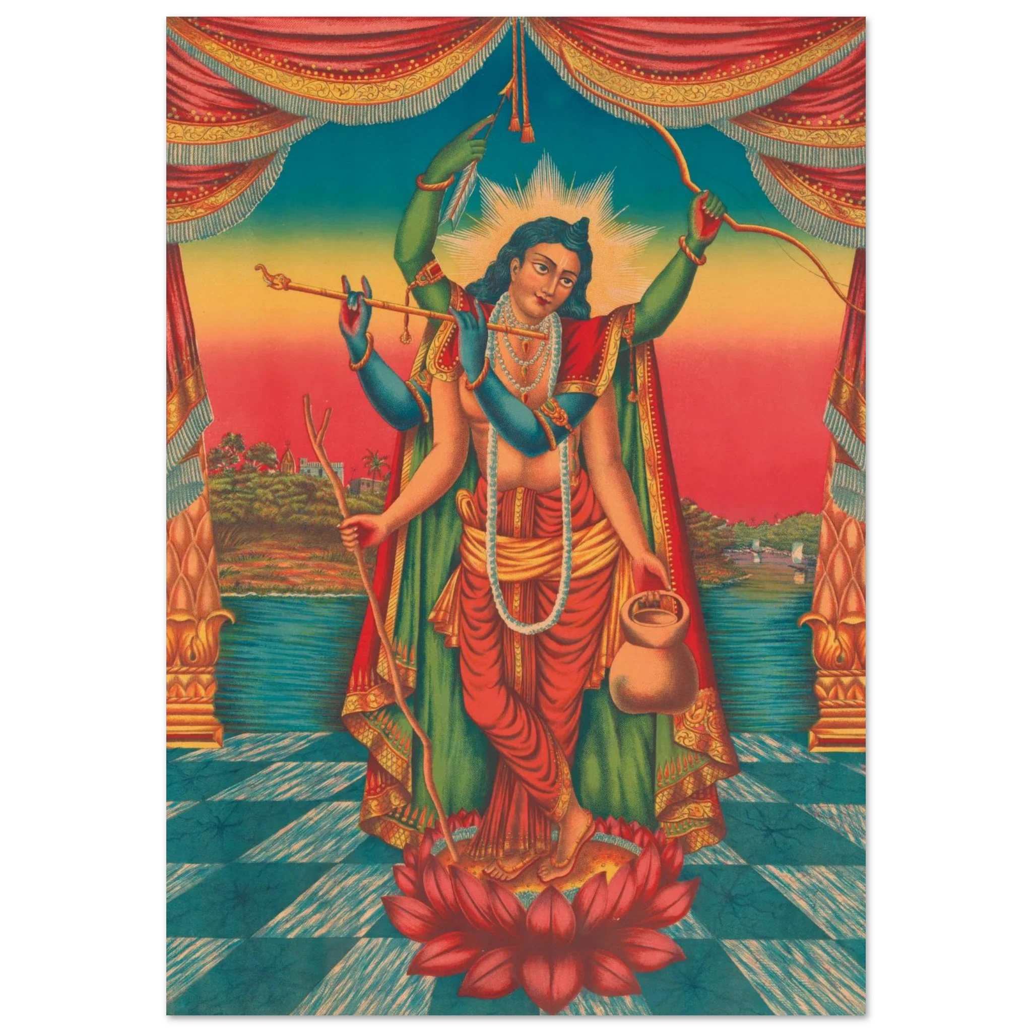 Luminous image of Shri Guranga, the saintly guru, standing in saffron robes with haloed head