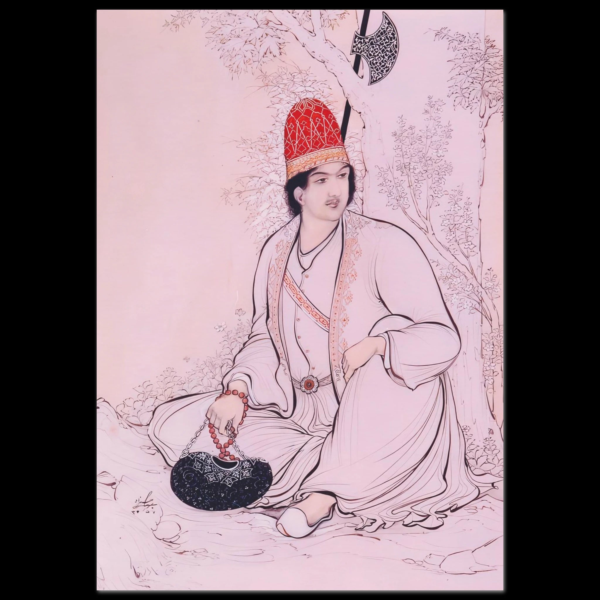 Watercolor portrait of Noor Ali Shah by Hosseon Behzad seated under a tree holding prayer beads.