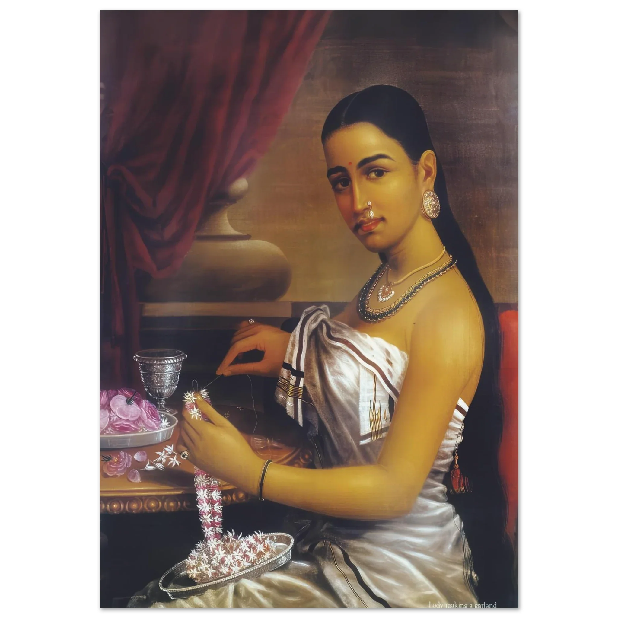 Lady stringing jasmine flowers with serene expression in a classical setting