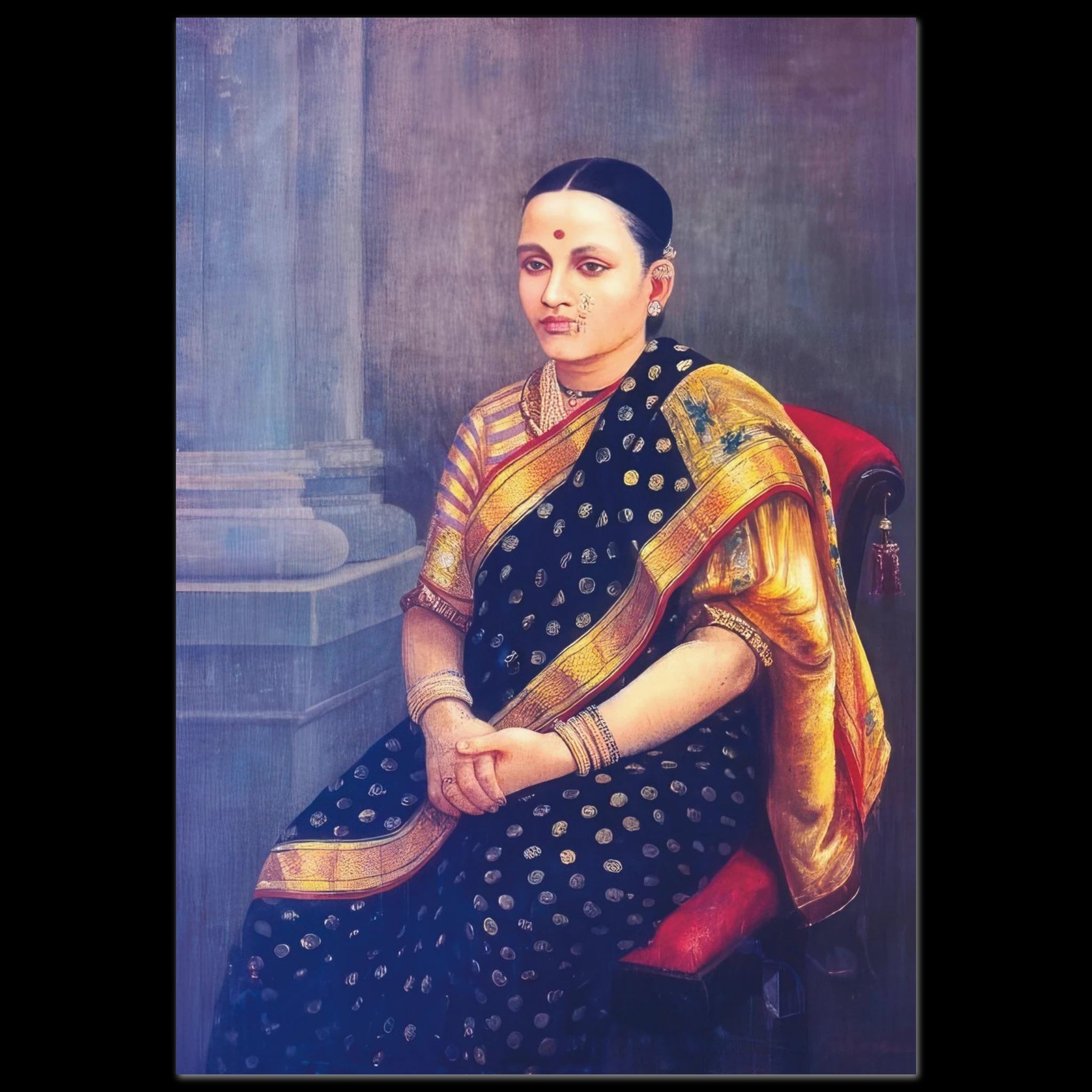Oil portrait of a woman in polka-dot sari by Raja Ravi Varma.