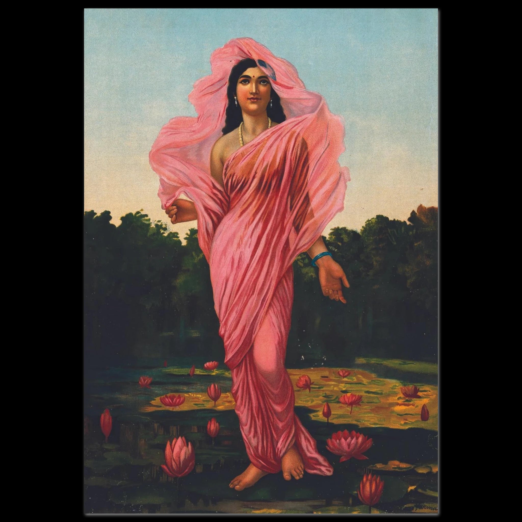 Painting of Padmini in pink drapery walking on lotus blossoms over water.