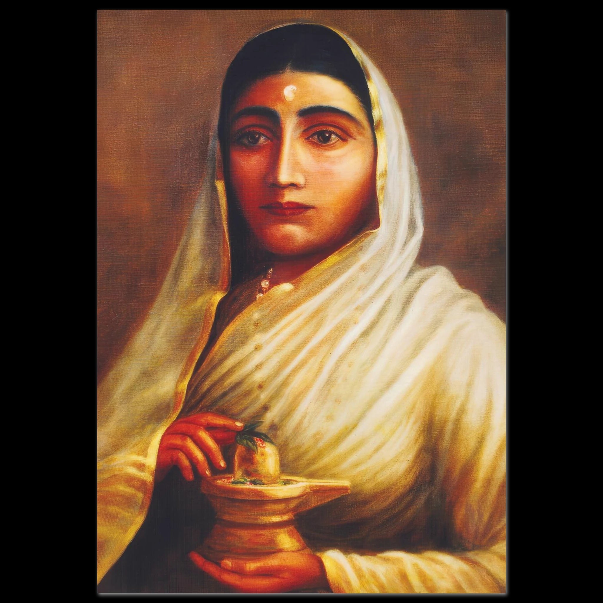 Maharani Ahilya Bai Holkar in white sari holding a Shiva lingam