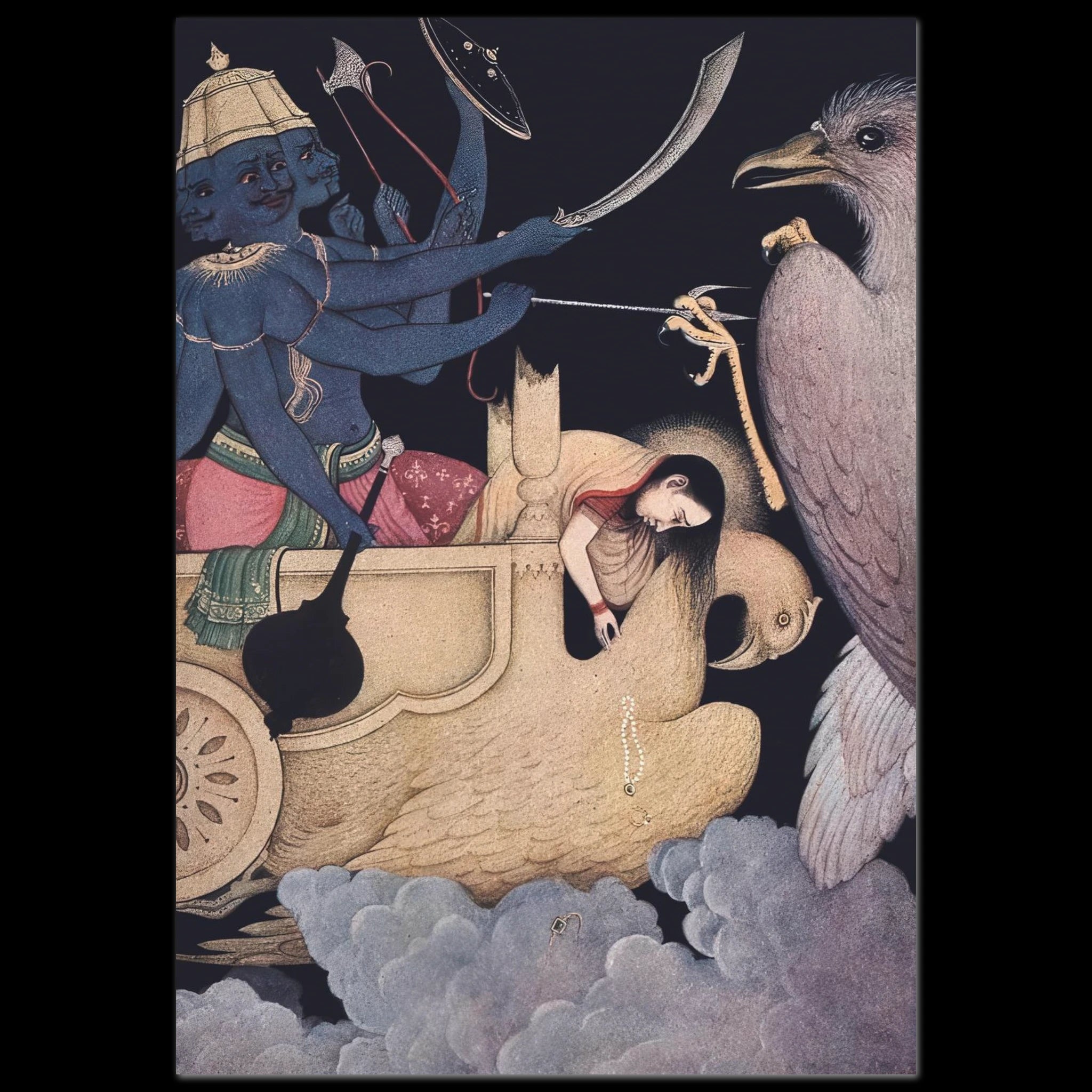 Rajput miniature of Ravana with ten heads attacking Jatayu in midair.