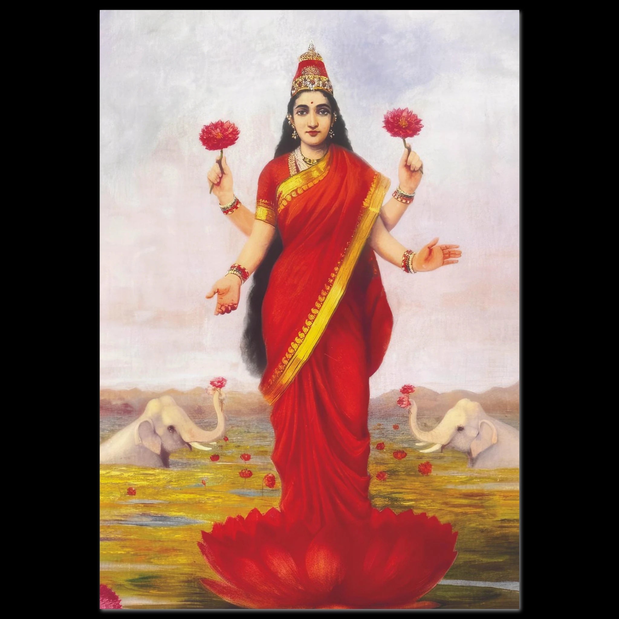 Oil painting of Goddess Lakshmi with lotus blossoms and elephants by Raja Ravi Varma, 1896.