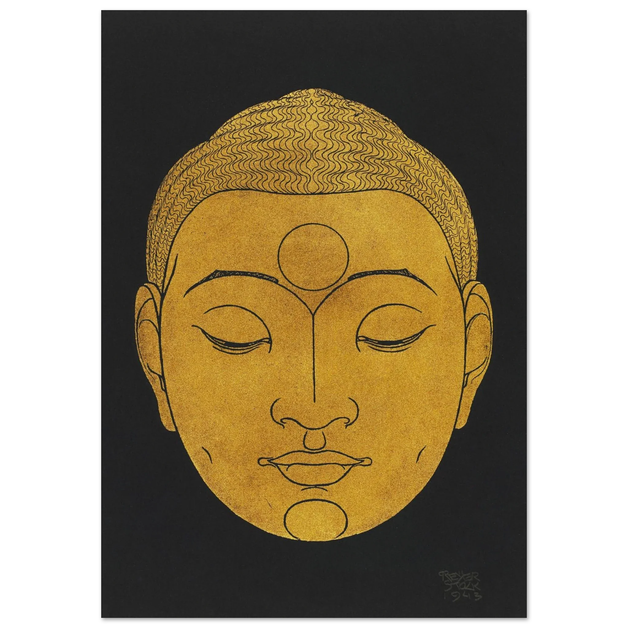 Stylized golden head of Buddha with meditative expression on black background.