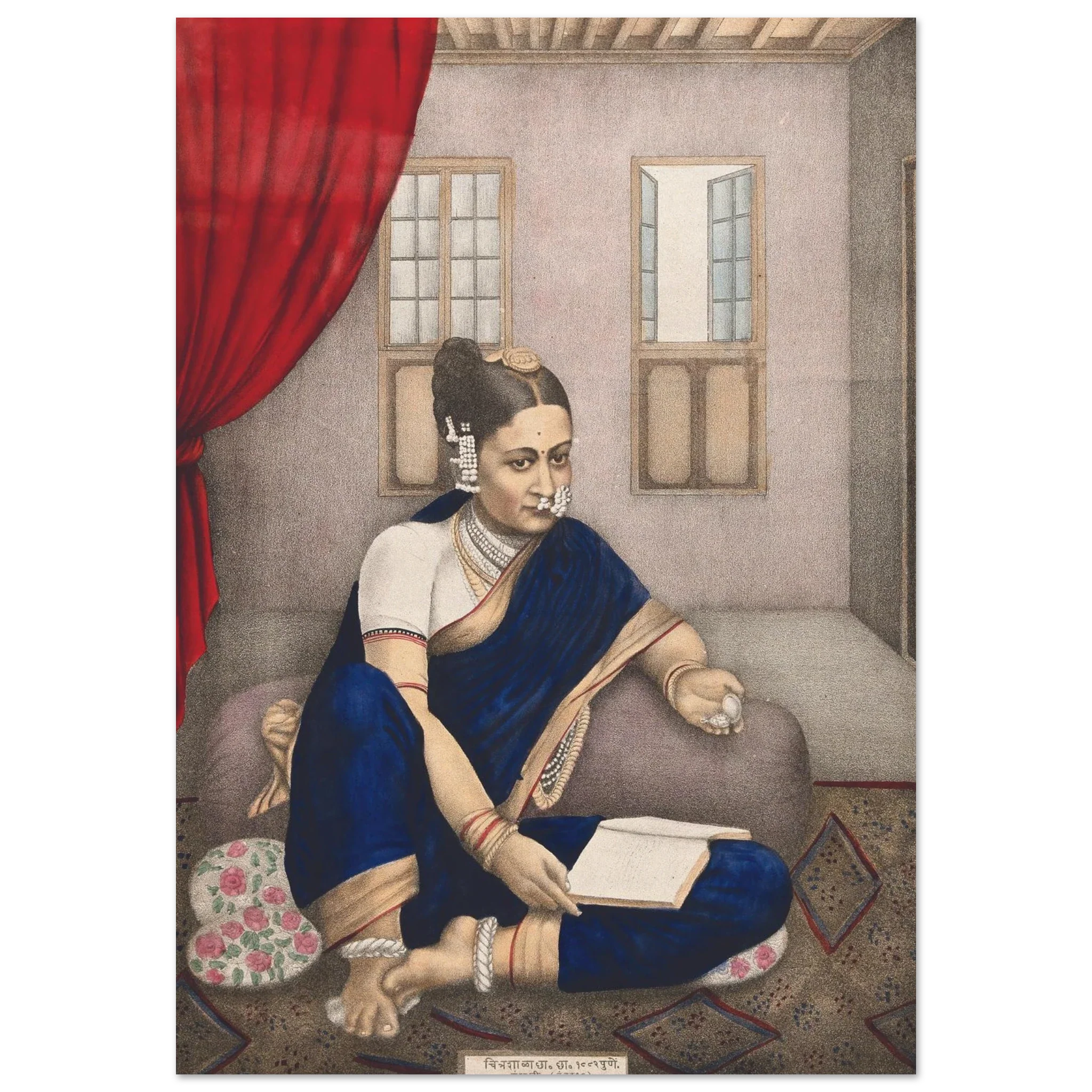 An Indian woman in traditional attire sitting indoors with a book and holding a watch, surrounded by cultural decor.