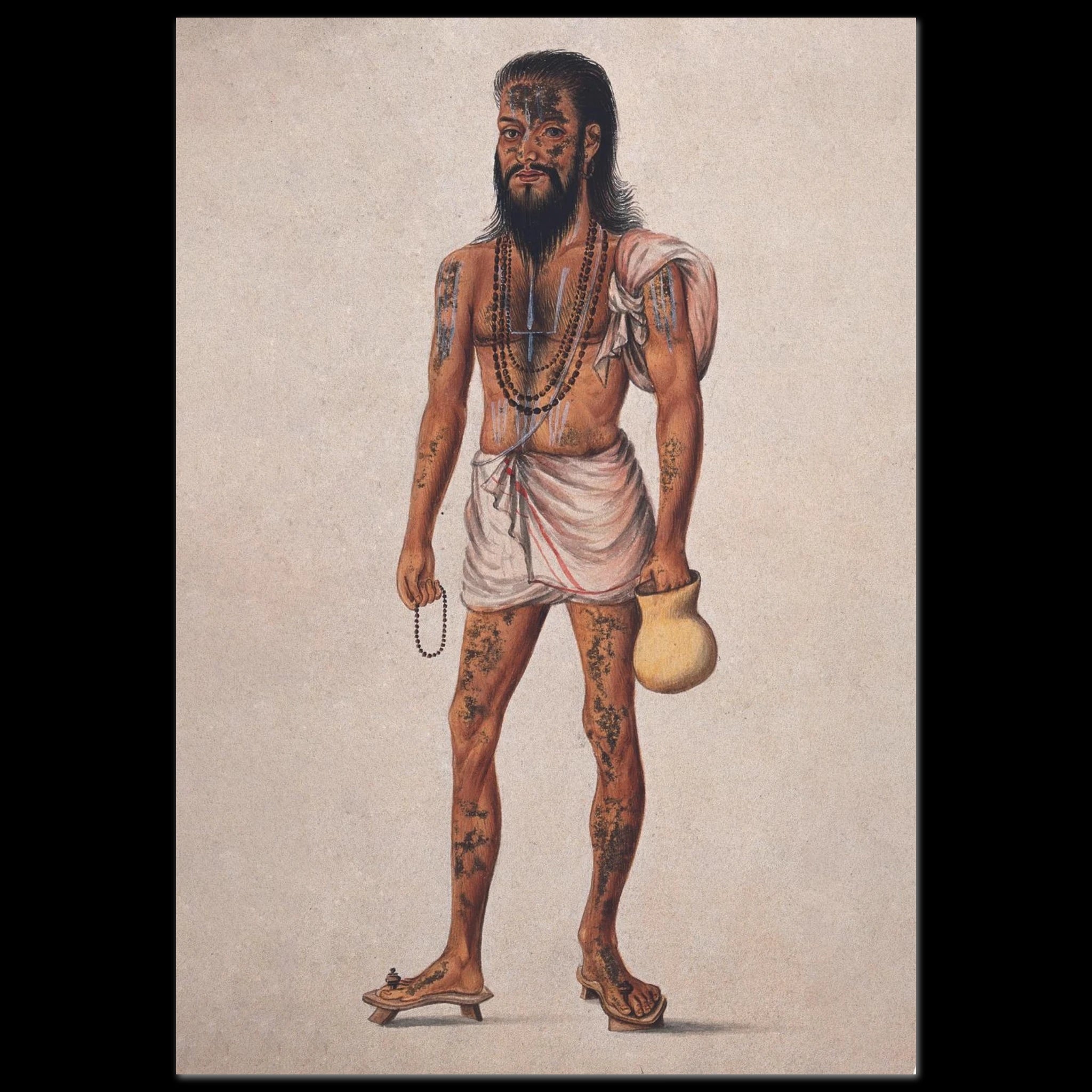 Watercolor painting of a sadhu holding a begging bowl and prayer beads.