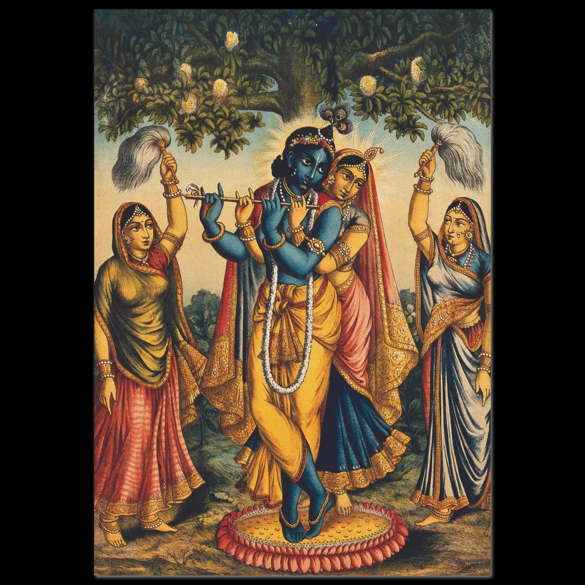 Lithograph of Krishna with Radha and two devotees waving fly-whisks under a tree.