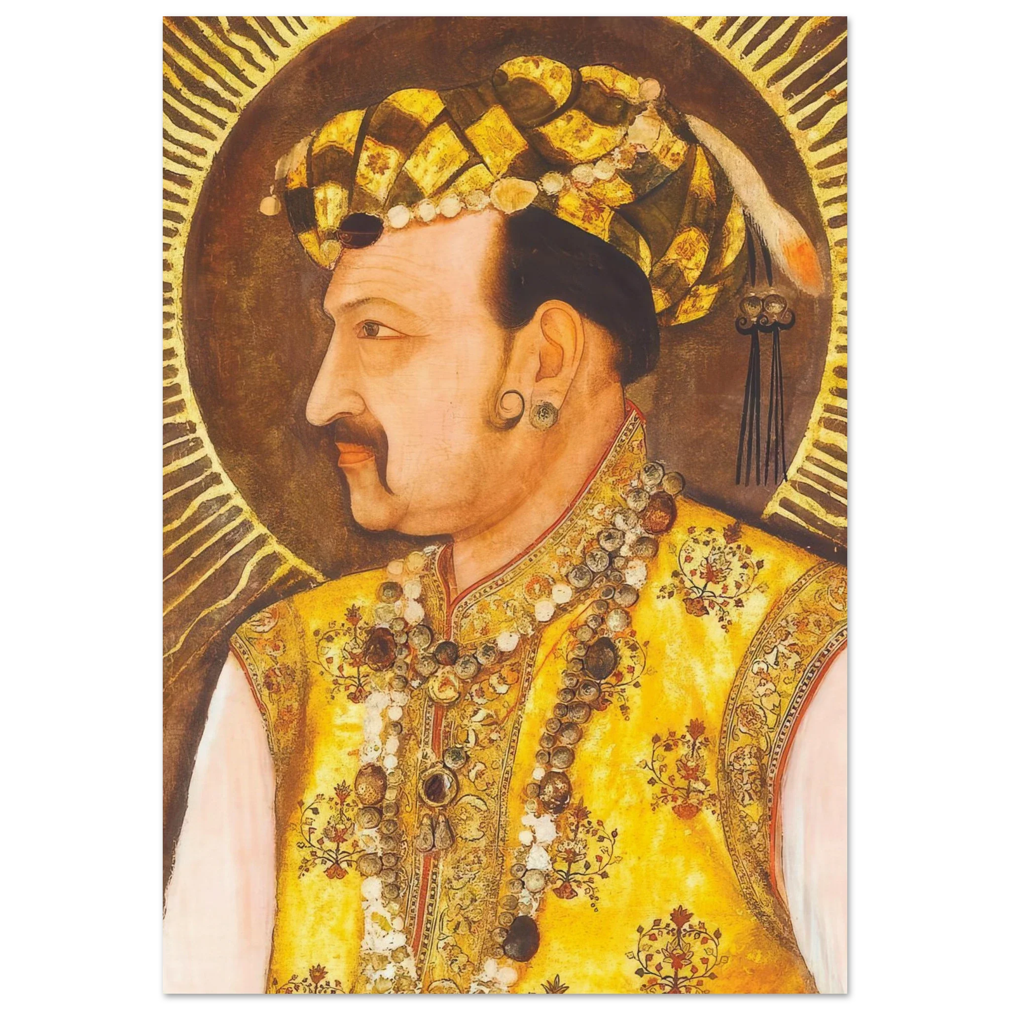 Painting of Emperor Jahangir in profile, wearing golden attire and bejeweled turban with radiant halo
