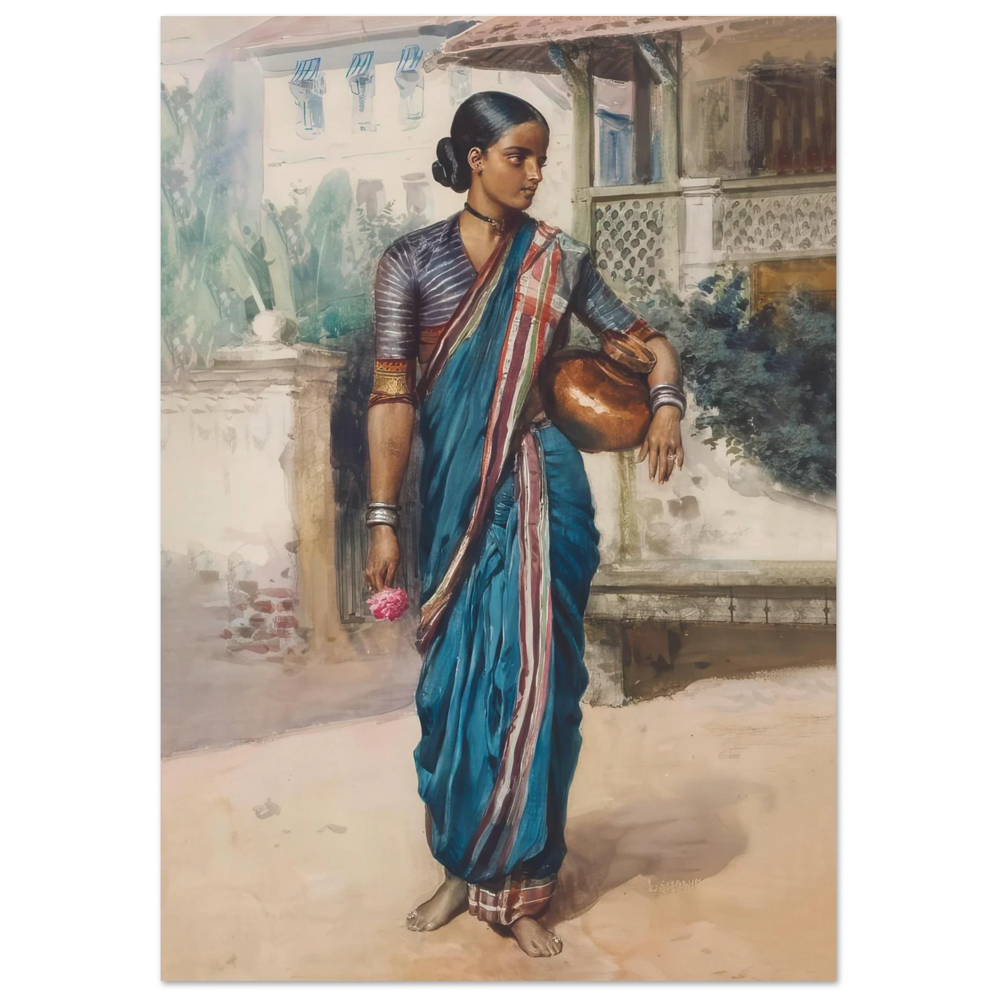 A village girl in a blue sari holding a copper pot and pink flower, standing barefoot near a house