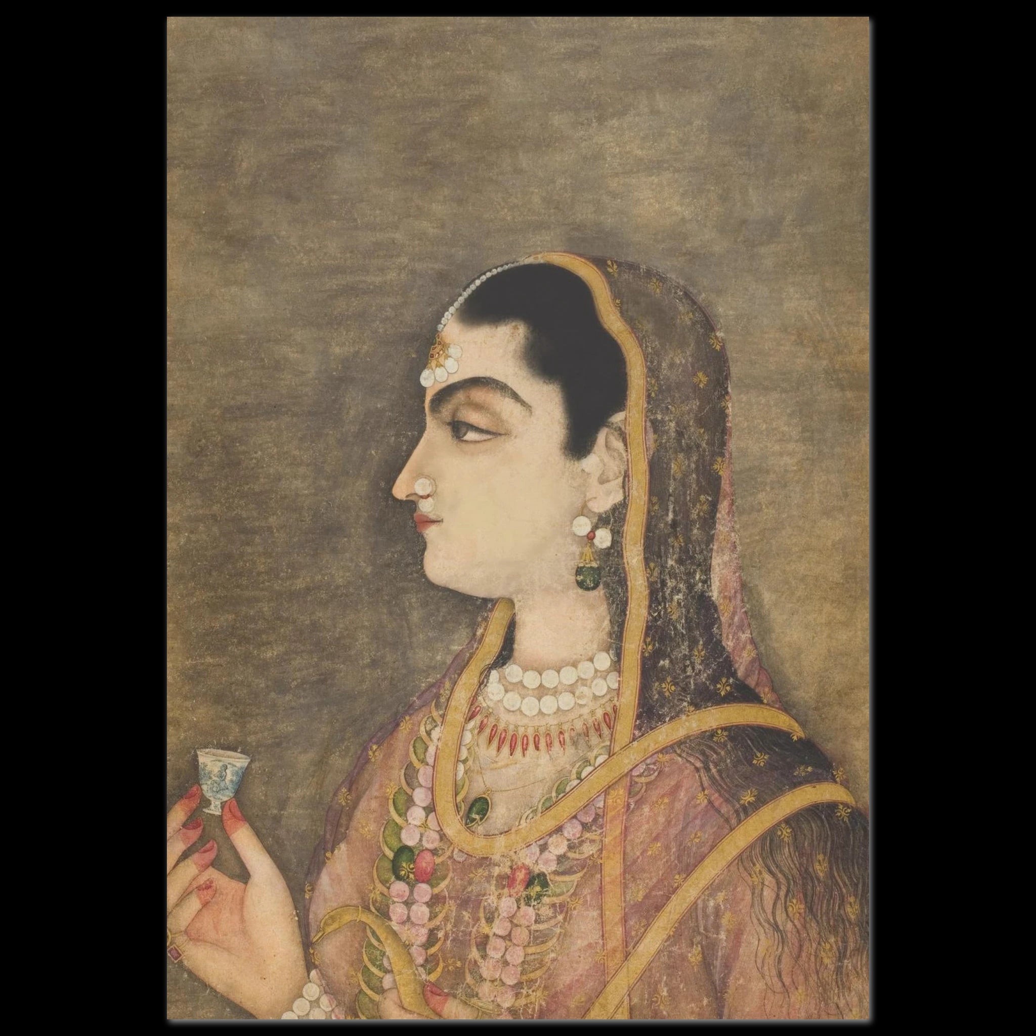 Profile of a Mughal princess holding a small cup, her gaze contemplative.