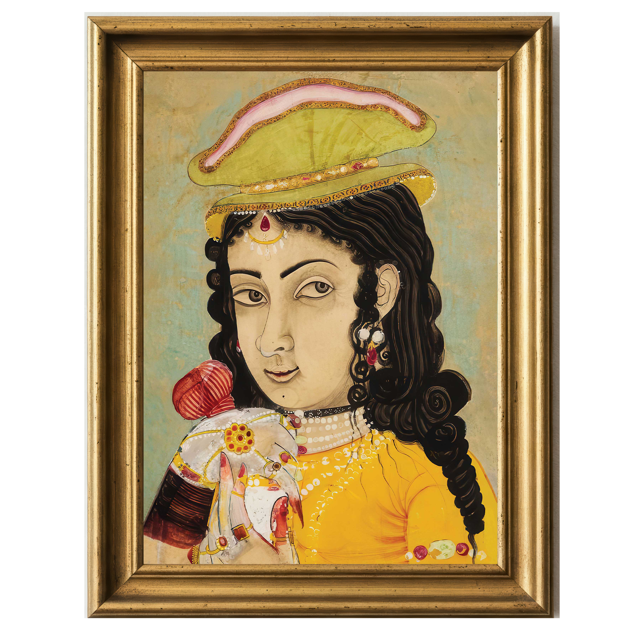 Painting of a European woman in yellow dress holding a bottle and cup, Rajasthani art with ornate jewelry and soft gaze