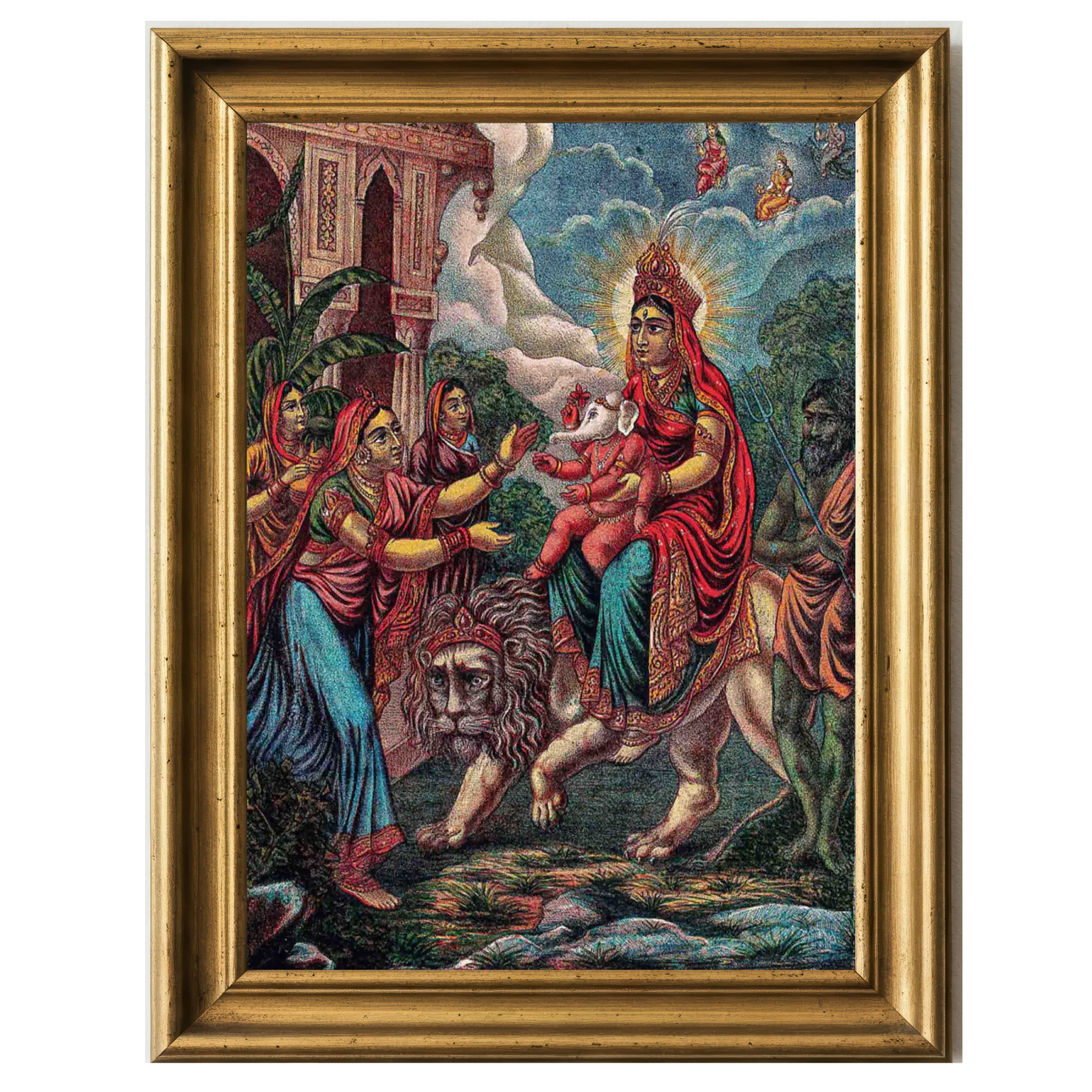Durga-like goddess riding a lion and offering infant Ganesha to a woman, surrounded by divine beings and devotees in a lush forest temple scene.