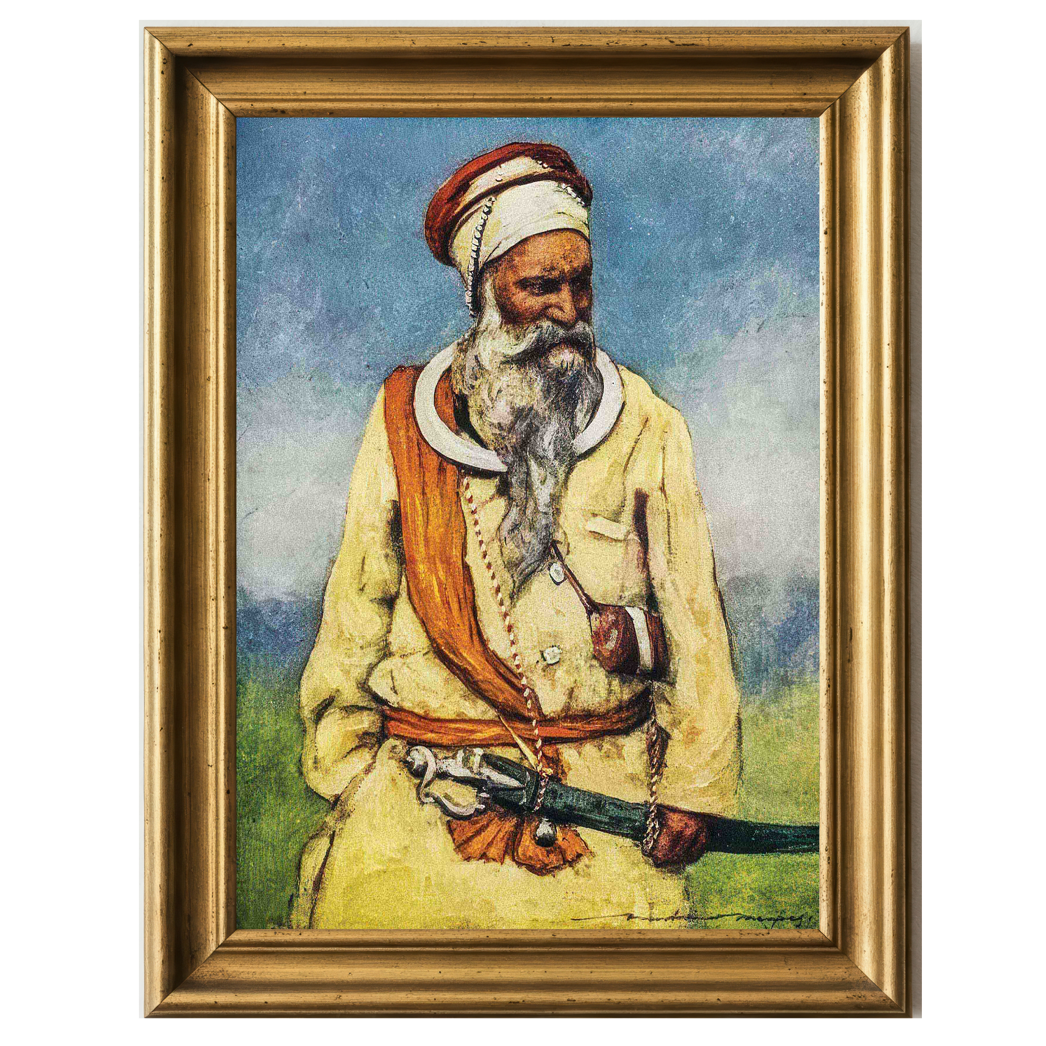 Sikh warrior in traditional attire with sword and turban, standing with noble expression against a faded sky