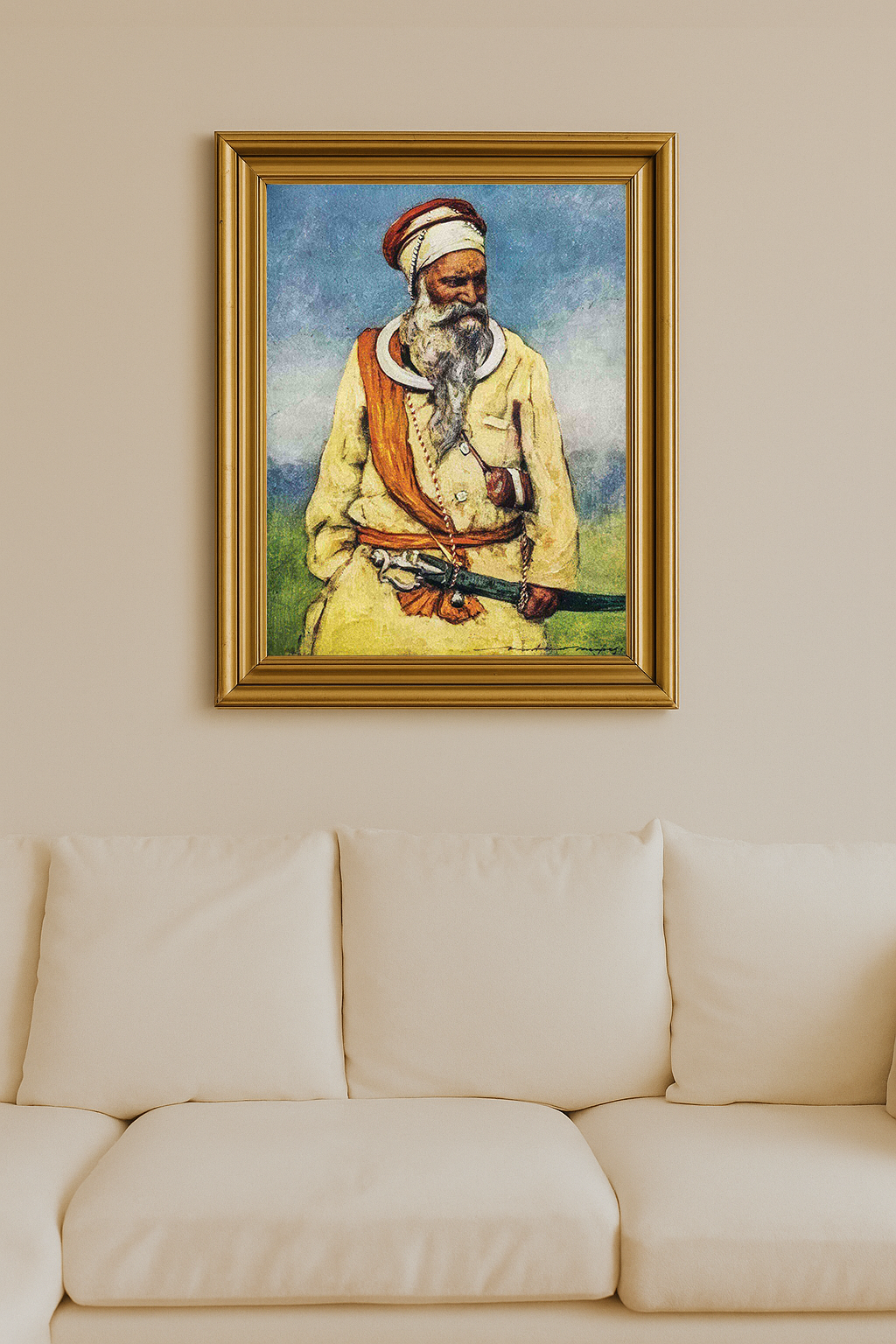 Sikh warrior in traditional attire with sword and turban, standing with noble expression against a faded sky