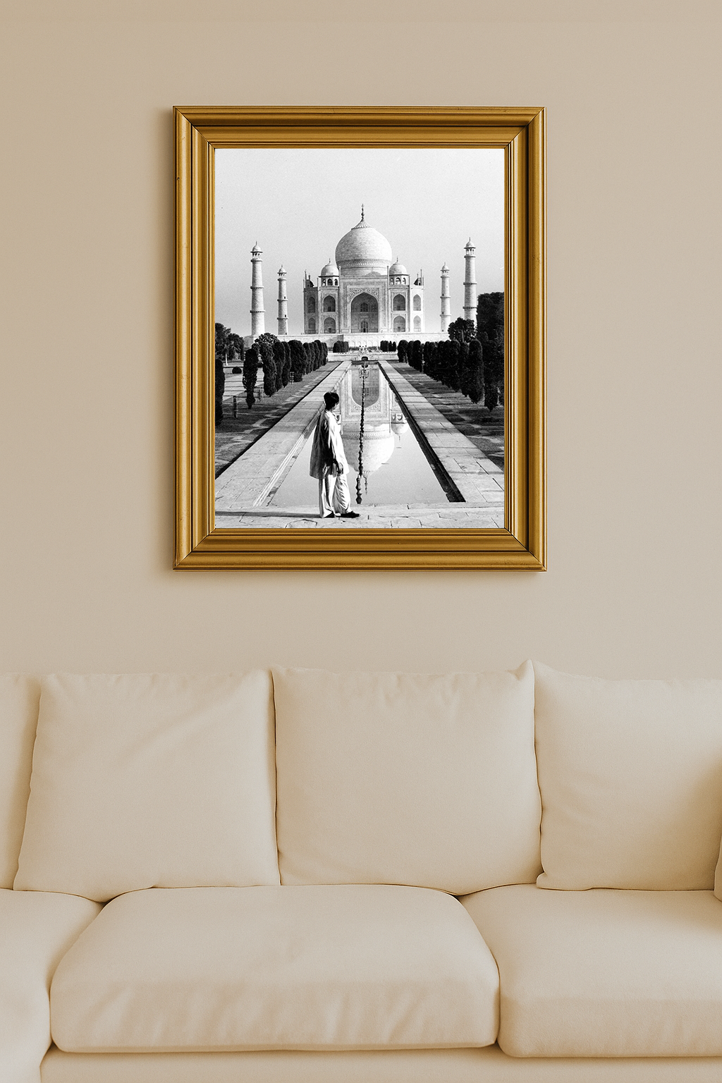 An Agra citizen in traditional attire stands before the Taj Mahal at sunrise, embodying reverence and continuity.