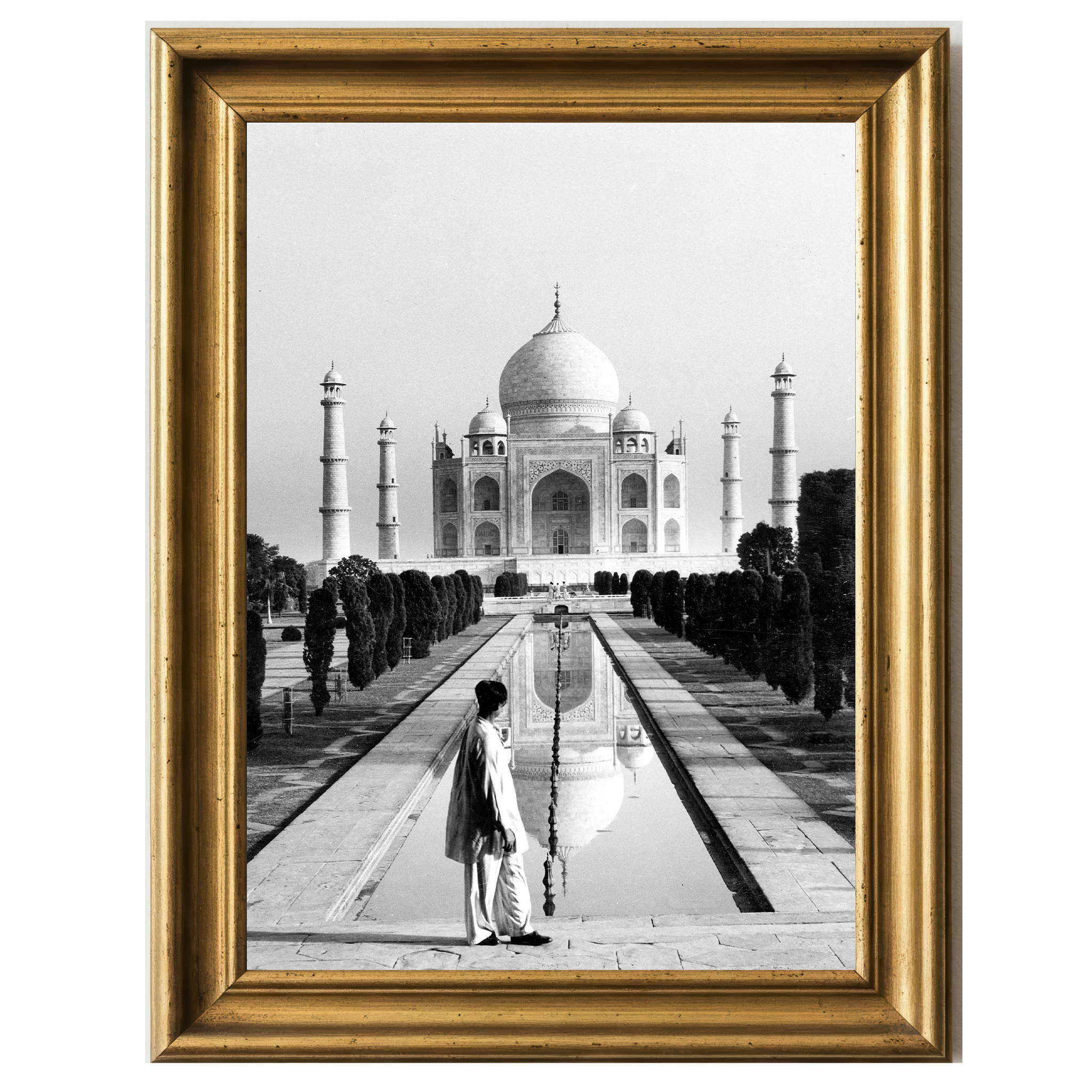 An Agra citizen in traditional attire stands before the Taj Mahal at sunrise, embodying reverence and continuity.