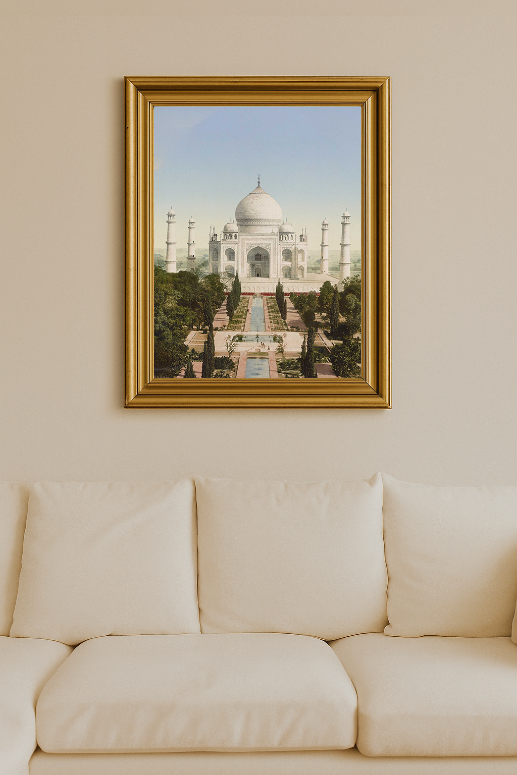 Vintage print of the Taj Mahal with reflecting pool and surrounding gardens in Agra, India