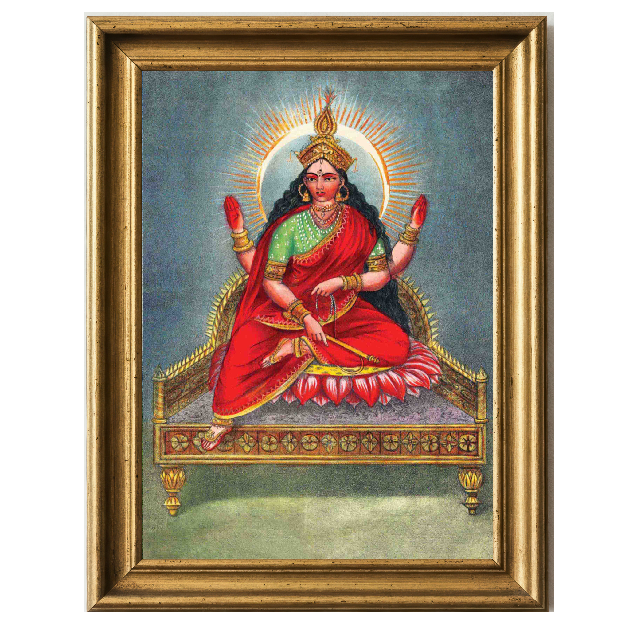 Painting of Goddess Bhuvaneshvari seated on a lotus throne with four arms, halo, and red attire