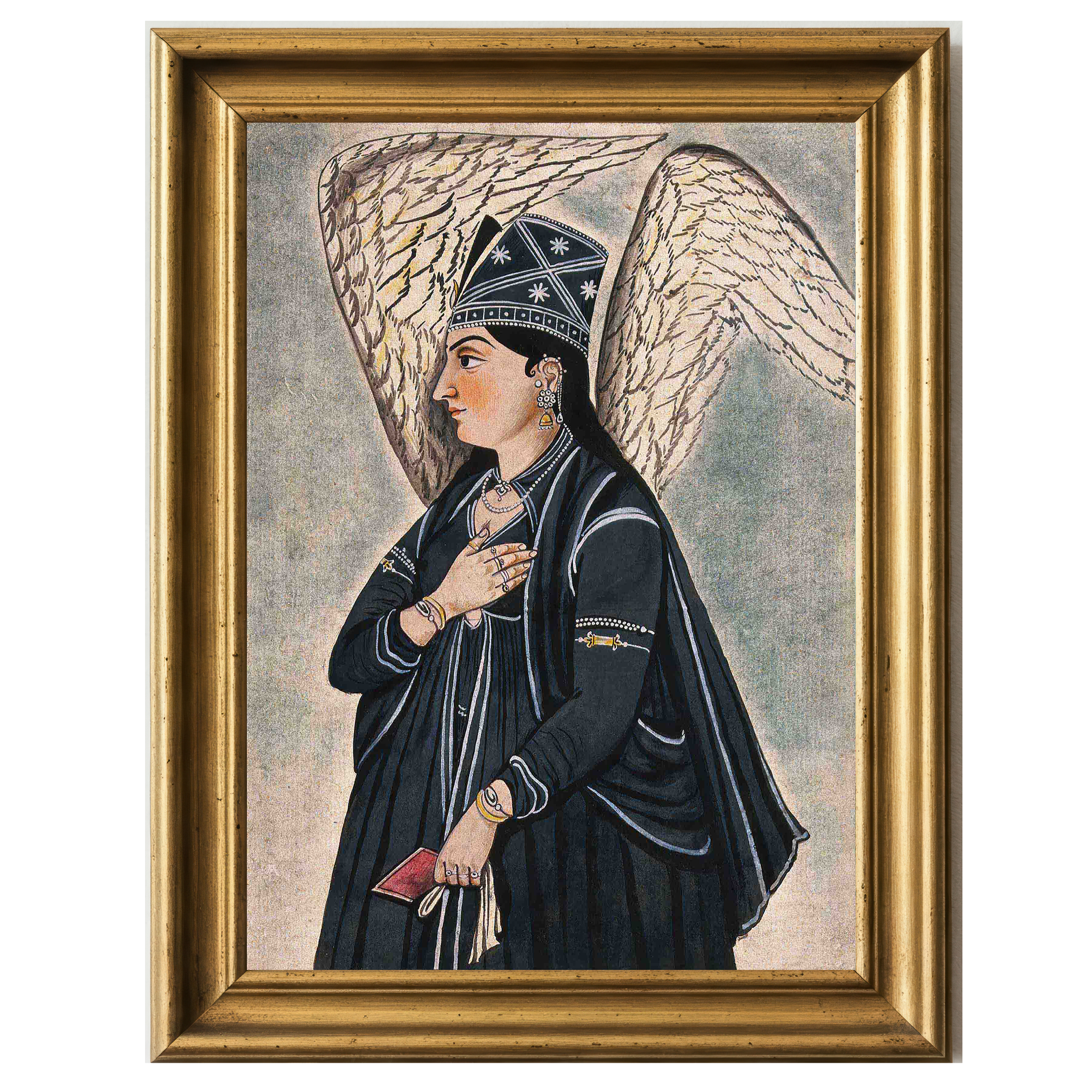 A woman with angelic wings in black attire holding a red book