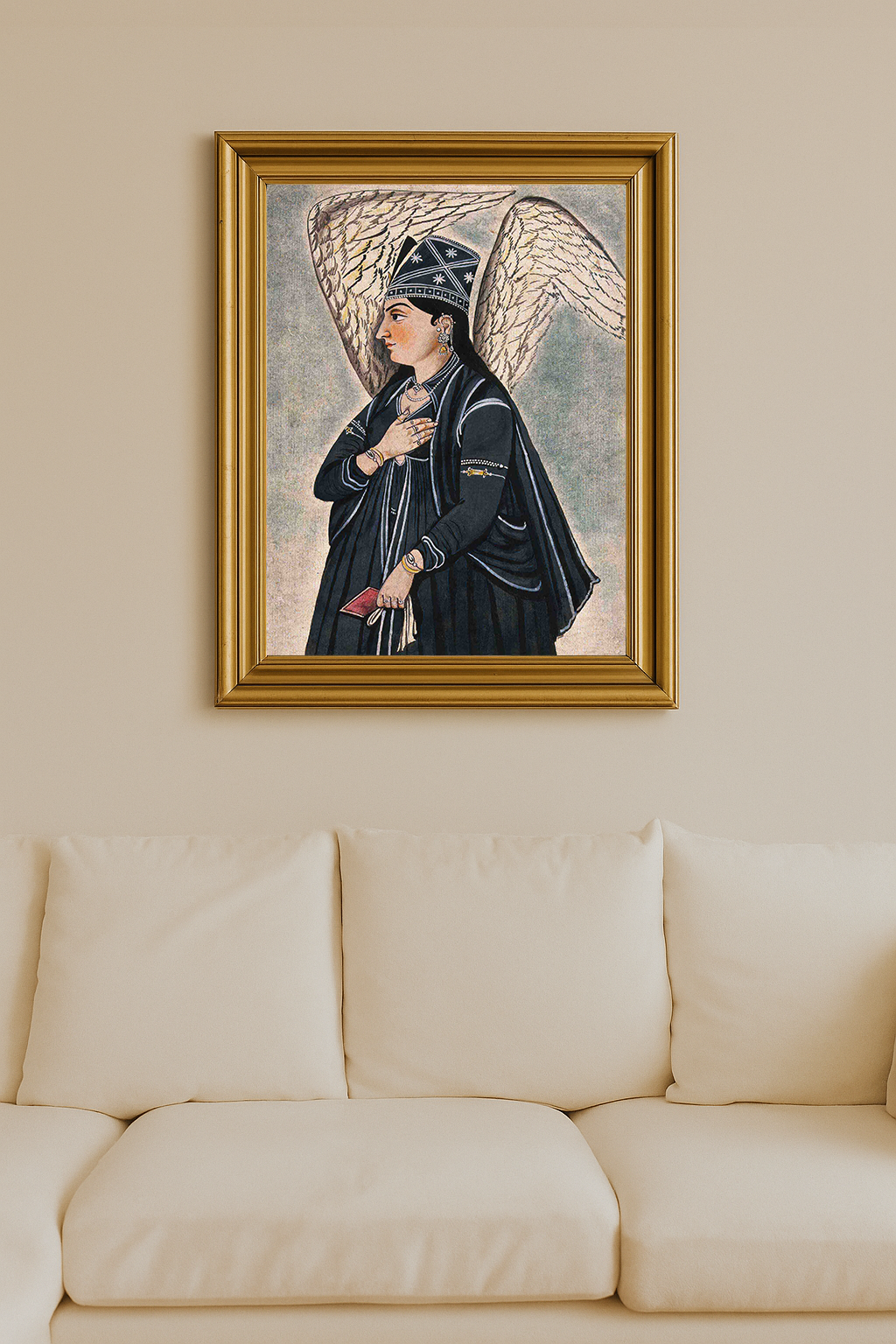 A woman with angelic wings in black attire holding a red book