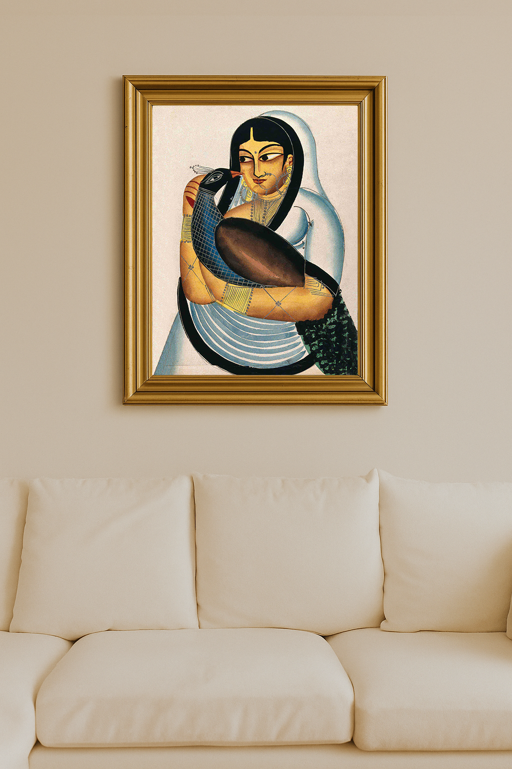 Courtesan holding a peacock in an intimate embrace