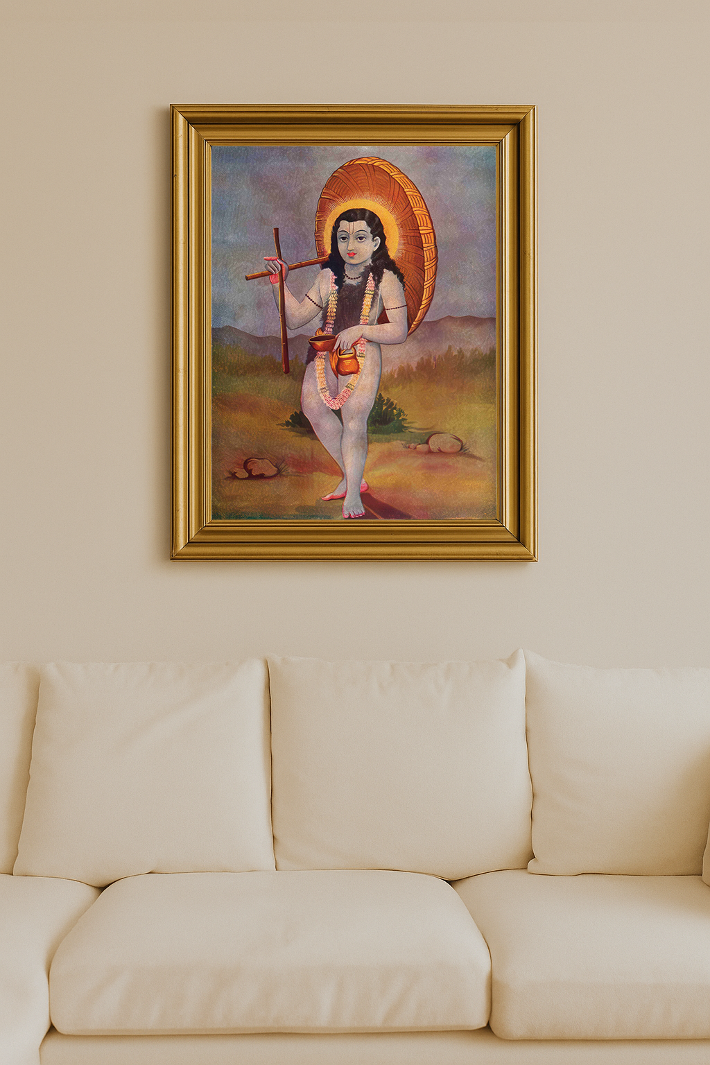 Painting of God Vamana holding parasol and pot, standing barefoot in a serene landscape