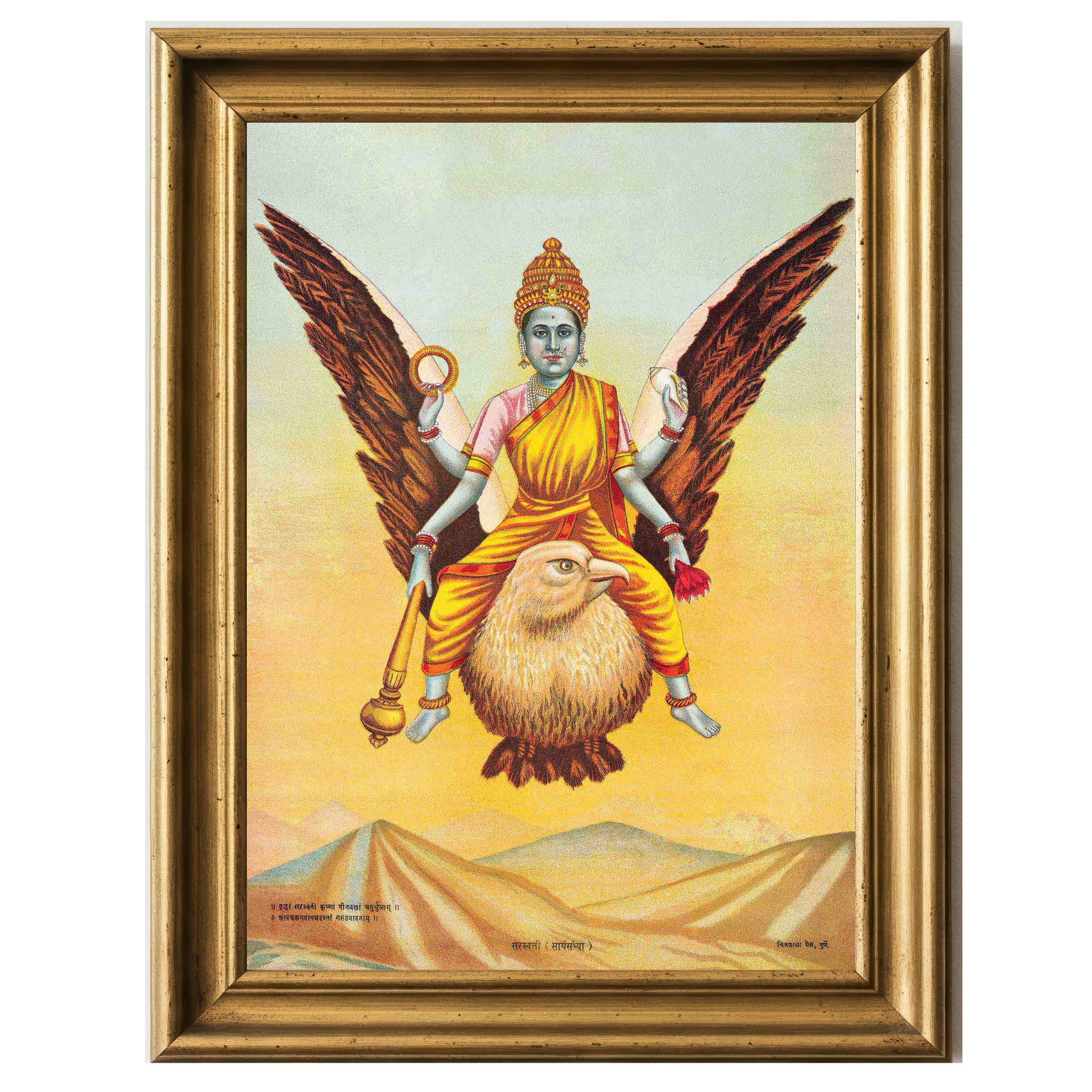 Goddess Sarasvati with golden halo and red sari, adorned with jewelry and holding sacred items