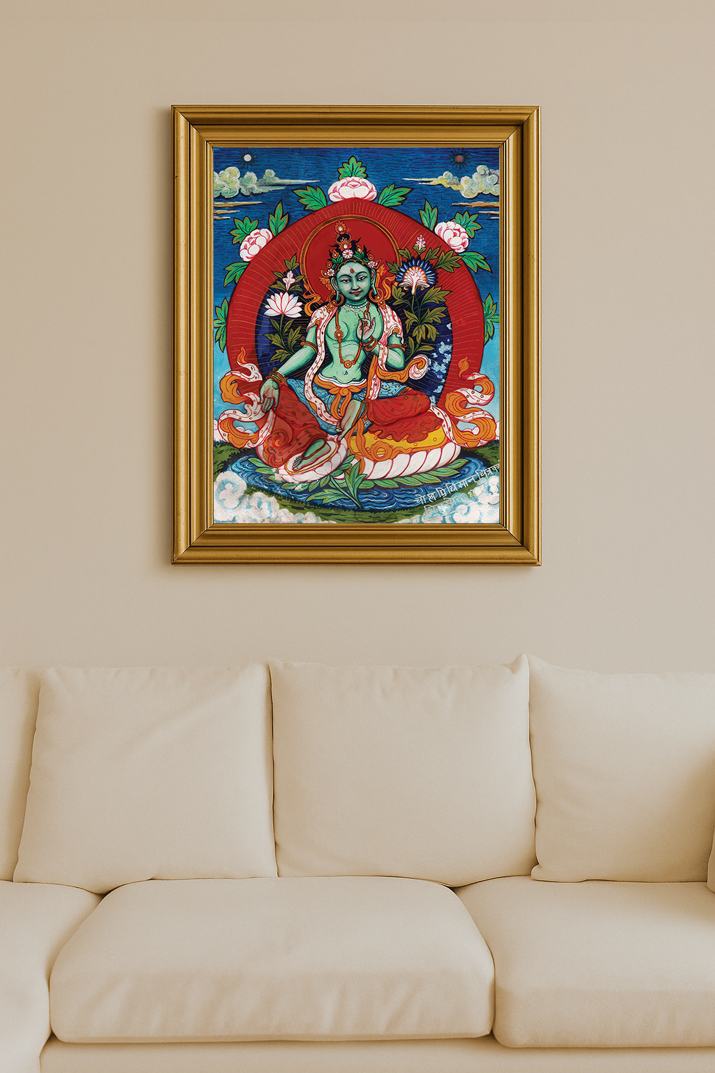 Green Tara with lotus flowers, seated gracefully in vibrant sacred surroundings