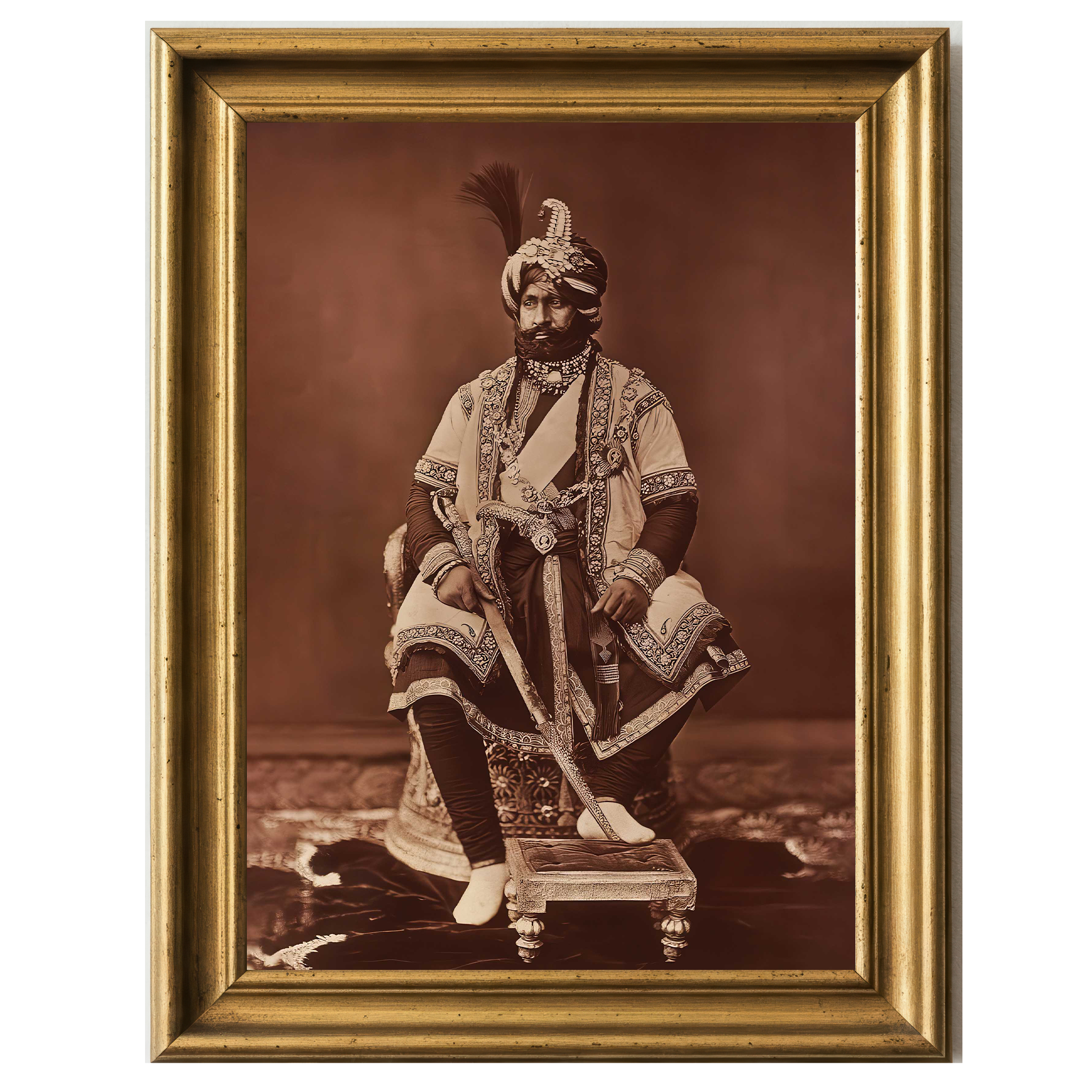Regal portrait of the Maharaja of Jammu and Kashmir dressed in ornate robes and traditional Indian regalia.