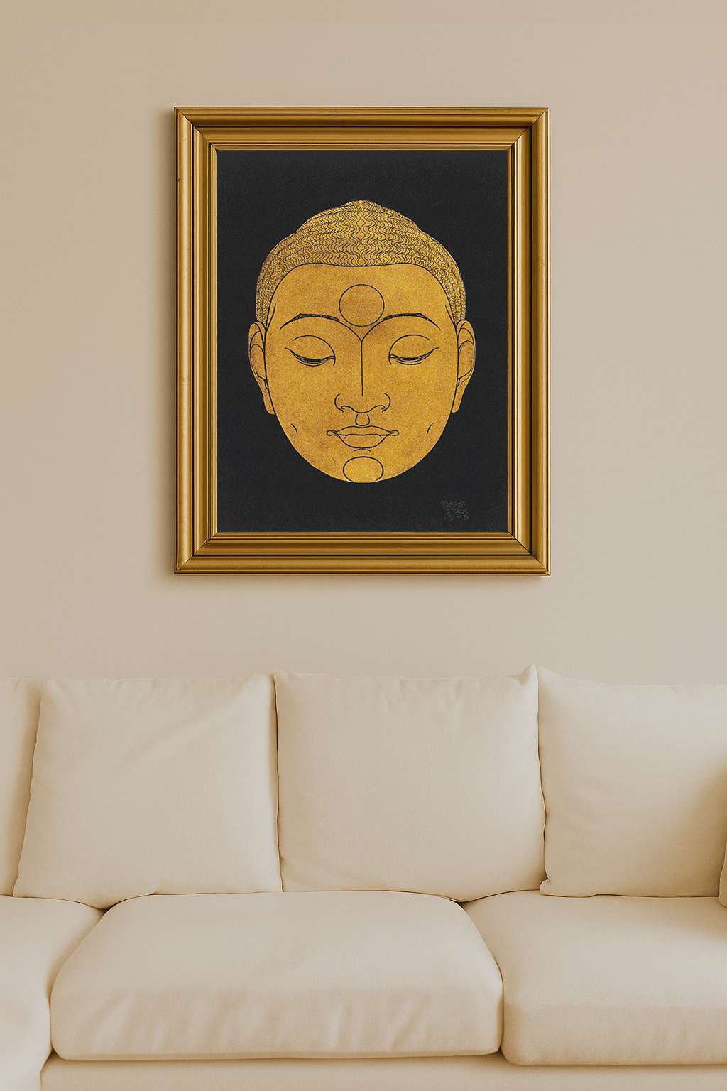 Stylized golden head of Buddha with meditative expression on black background.