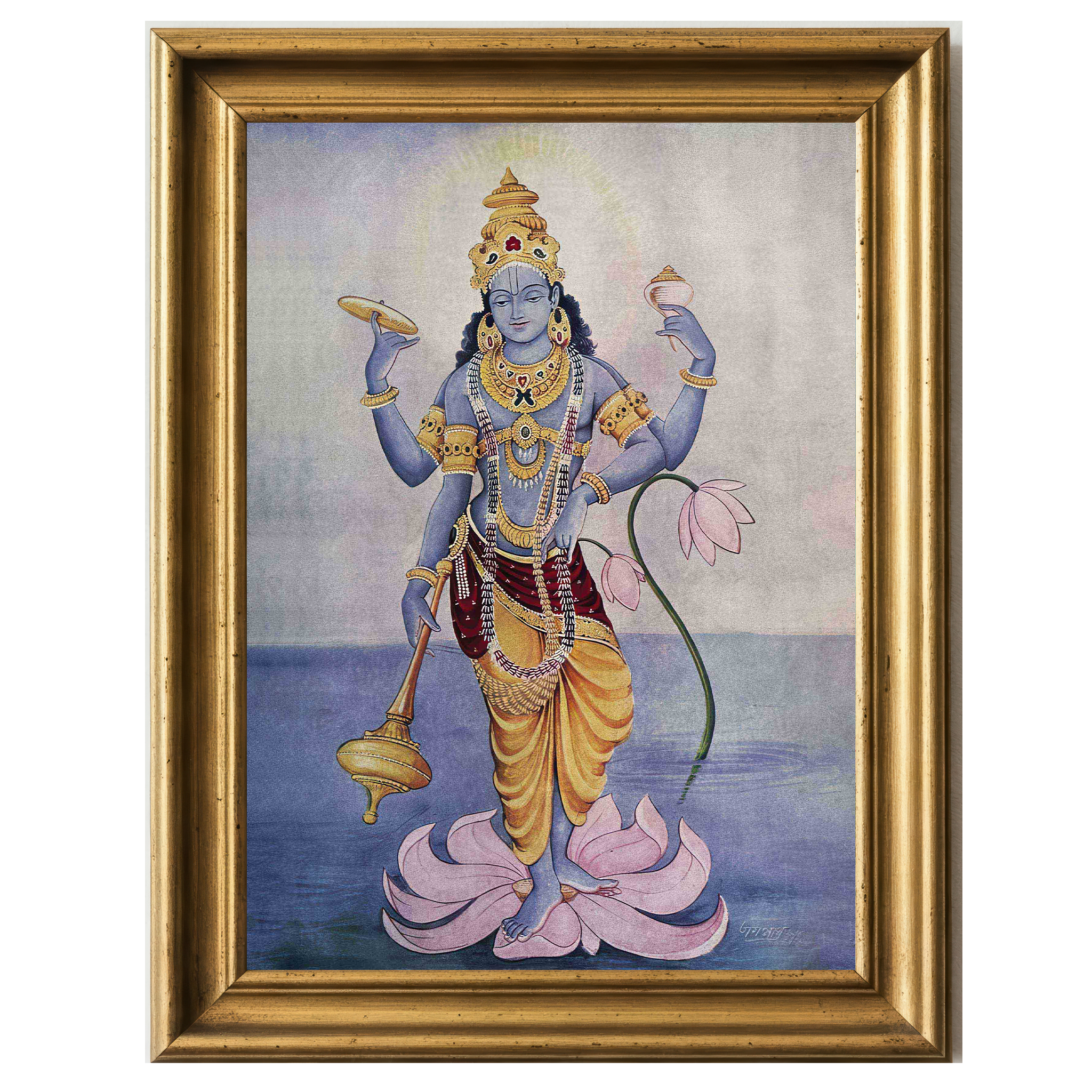 Lord Vishnu with four arms standing on a lotus, holding conch, discus, mace, and lotus flower.