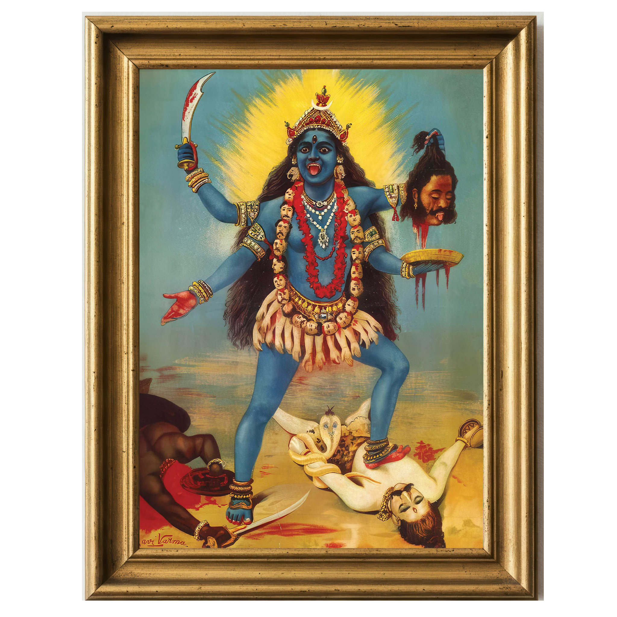 Goddess Kali depicted with blue skin, wild hair, severed head and sword, standing over a subdued Shiva.