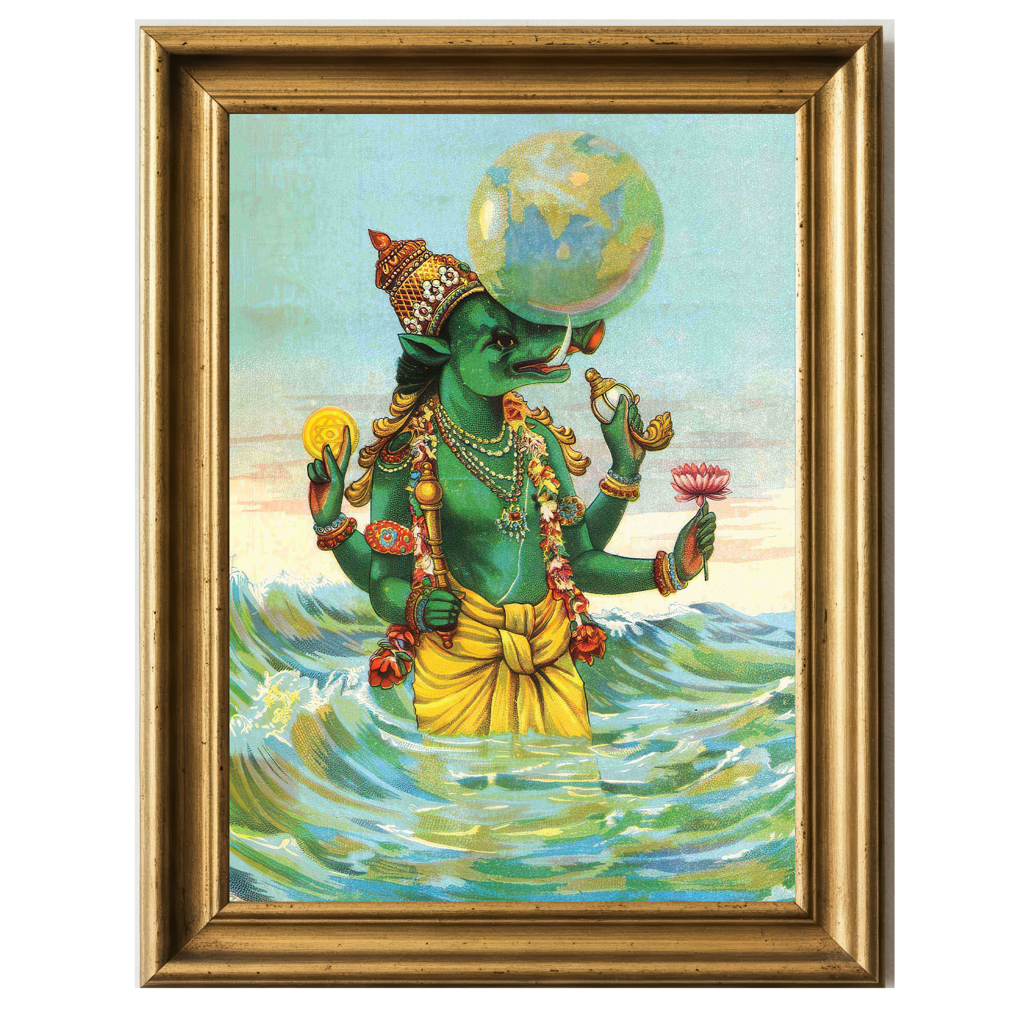 Varaha with green skin holding Earth, standing in the ocean