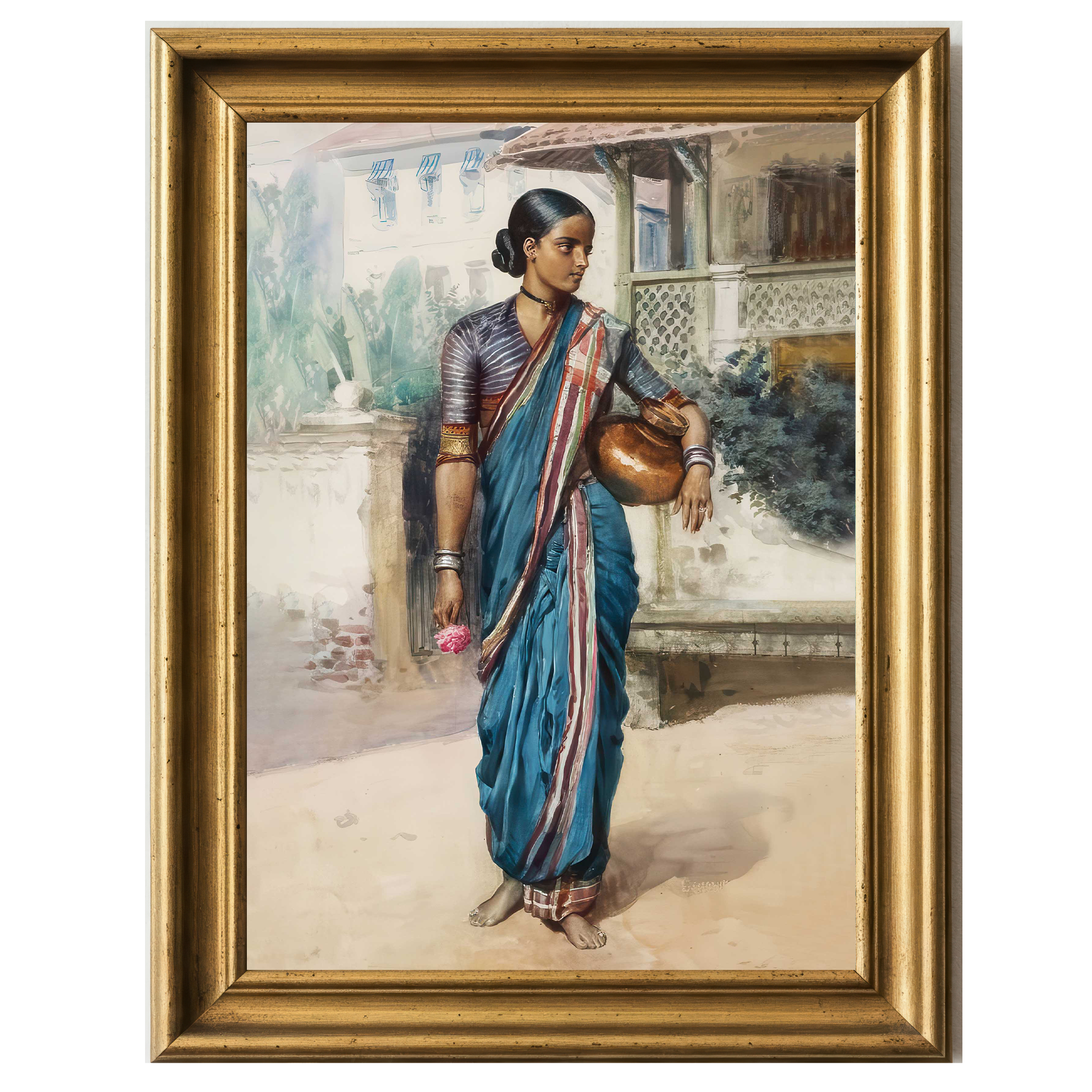 A village girl in a blue sari holding a copper pot and pink flower, standing barefoot near a house