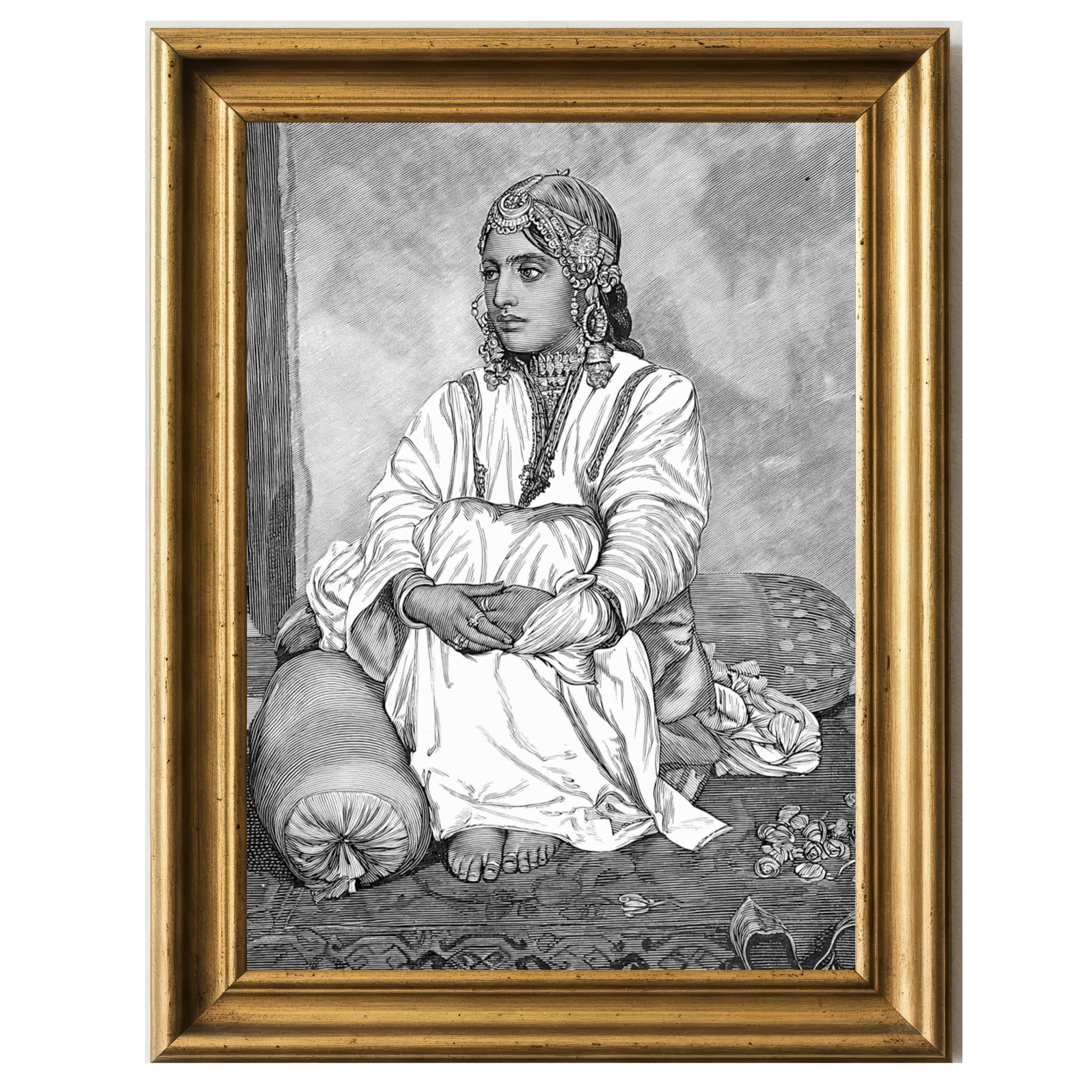 Begoo, a Kashmiri nautch girl, seated with folded arms and adorned in traditional jewelry and garments.