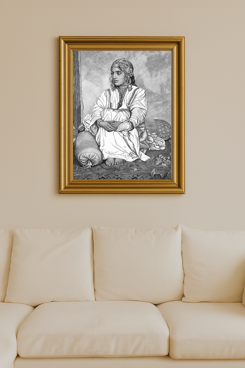 Begoo, a Kashmiri nautch girl, seated with folded arms and adorned in traditional jewelry and garments.