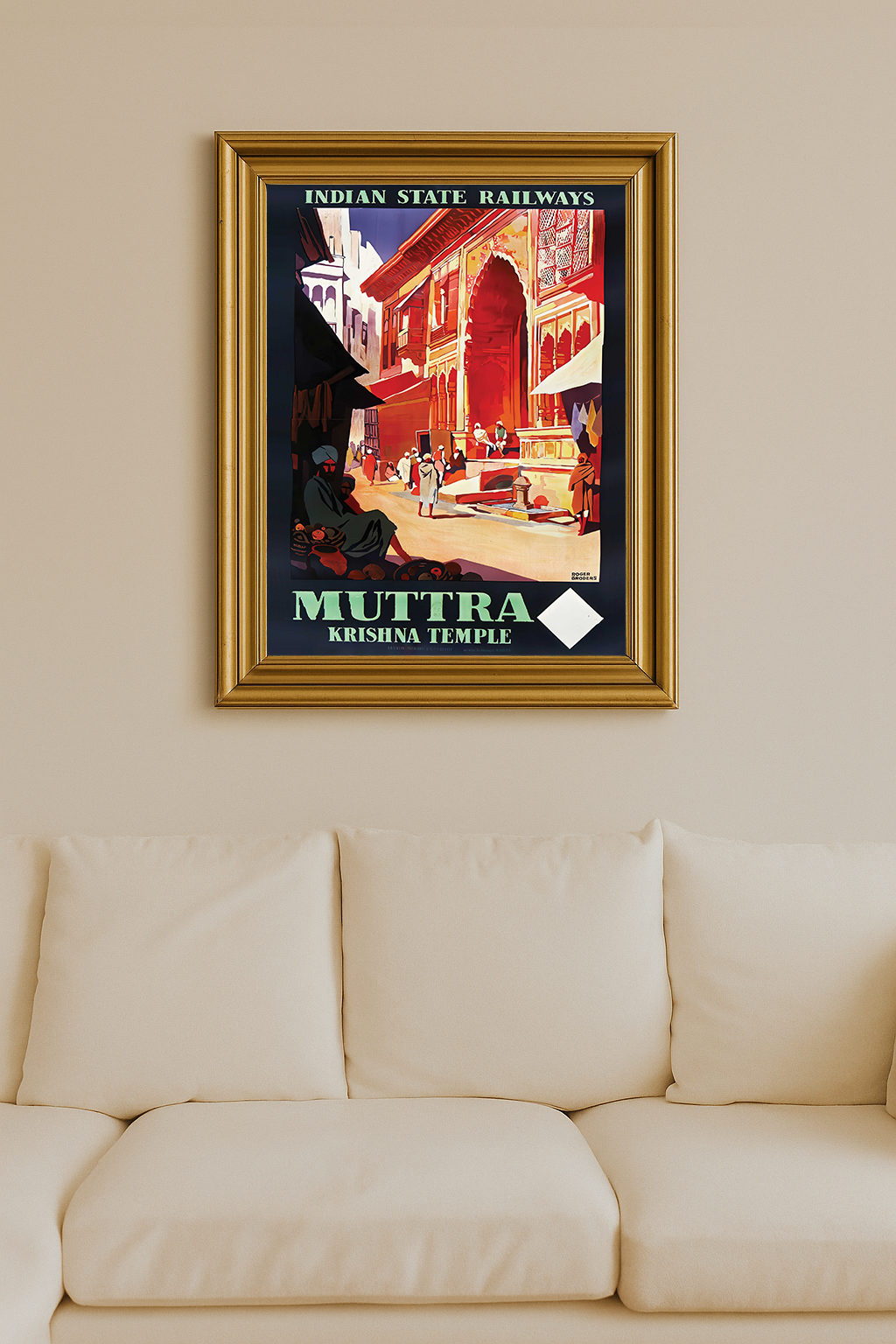 Vintage poster of Indian State Railways featuring Krishna Temple in Muttra by Roger Broders