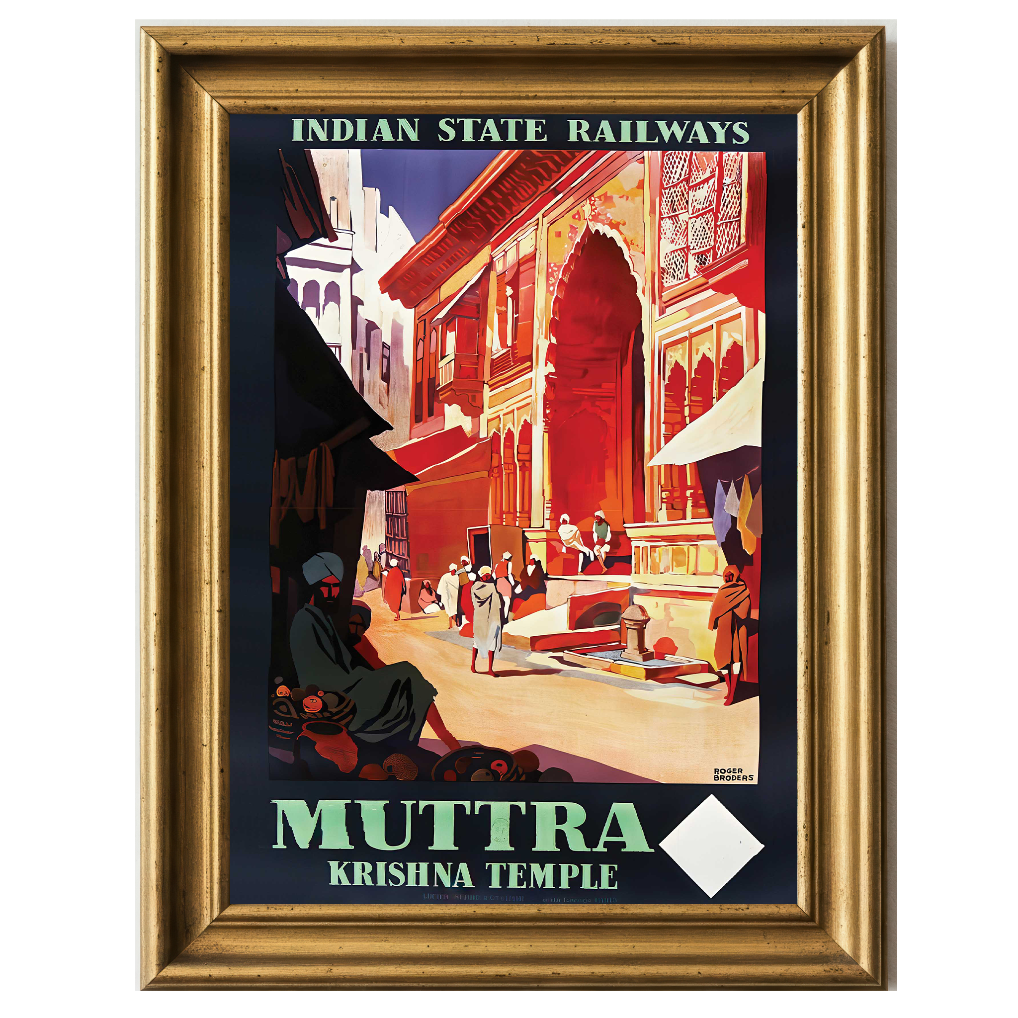 Vintage poster of Indian State Railways featuring Krishna Temple in Muttra by Roger Broders