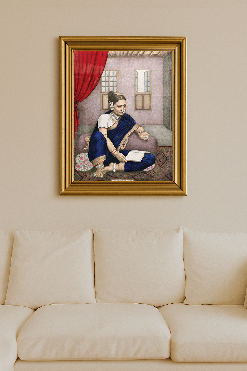 An Indian woman in traditional attire sitting indoors with a book and holding a watch, surrounded by cultural decor.