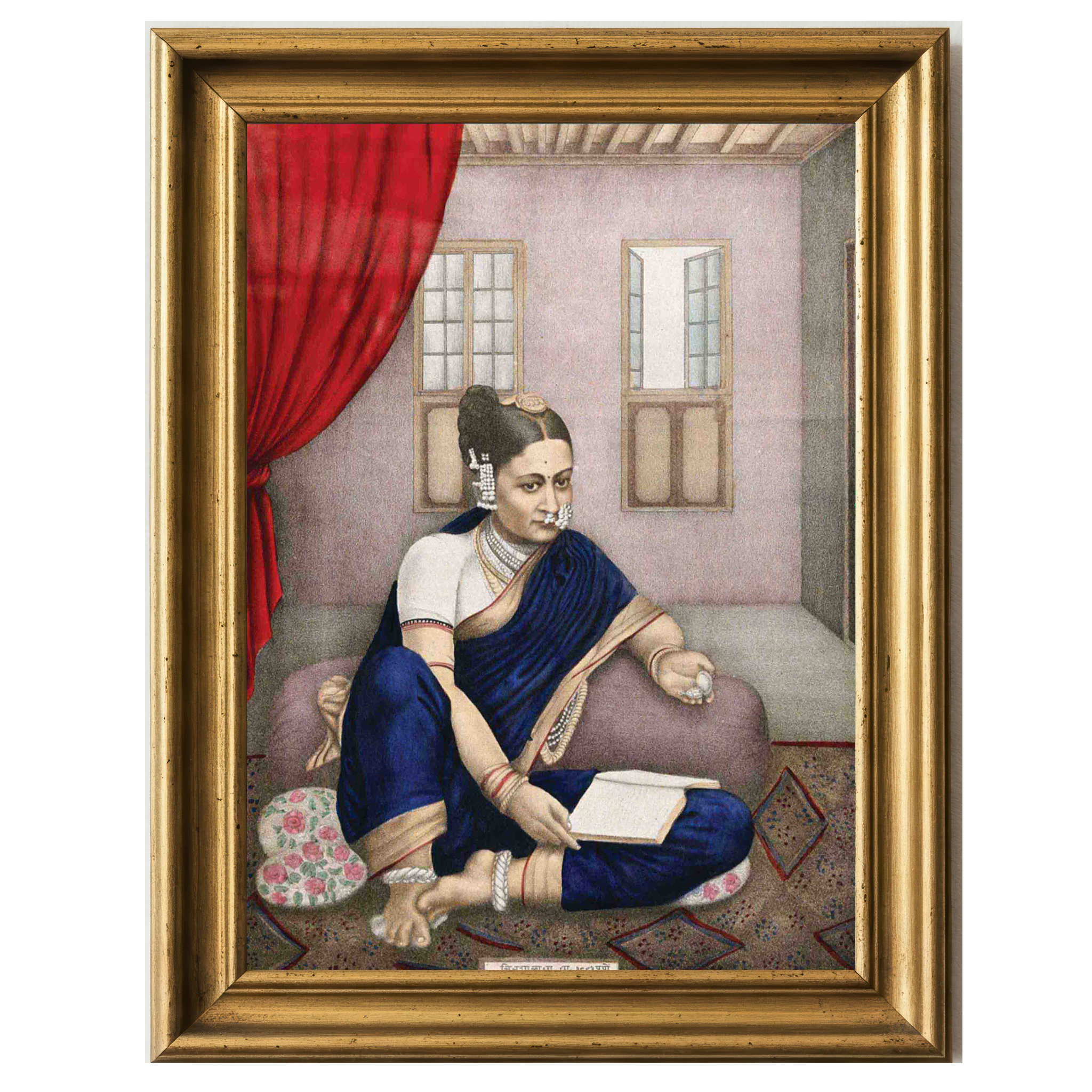 An Indian woman in traditional attire sitting indoors with a book and holding a watch, surrounded by cultural decor.