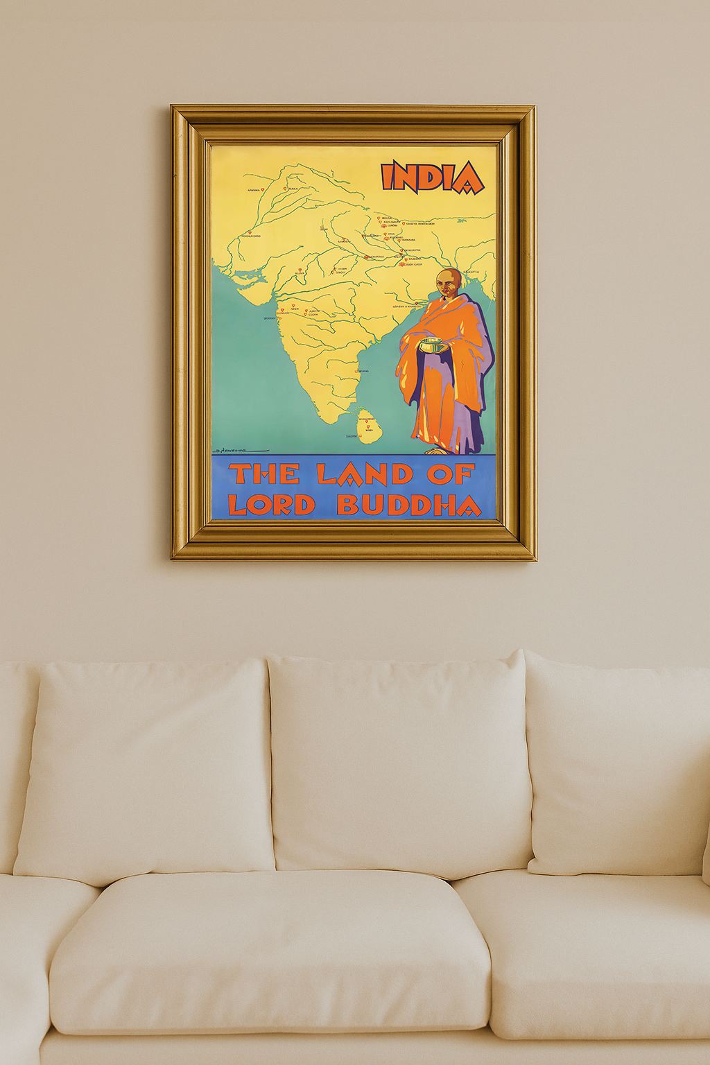 Vintage travel poster titled 'India. Vintage Travel Posters, 1920s-1930s' showing a map of India with Buddhist pilgrimage sites and a monk in orange robes.