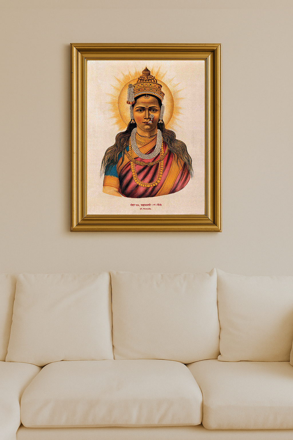 Painting of Goddess Lakshmi adorned in jewelry with radiant halo and traditional attire