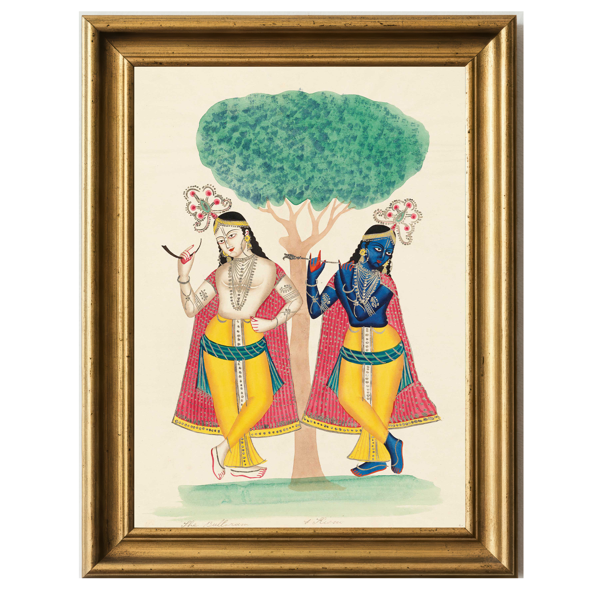Krishna and Balarama standing near a tree in yellow dhotis, one blue-skinned with a flute