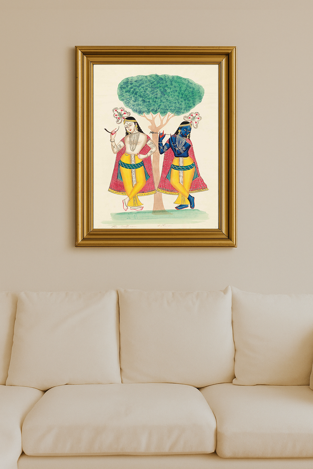 Krishna and Balarama standing near a tree in yellow dhotis, one blue-skinned with a flute