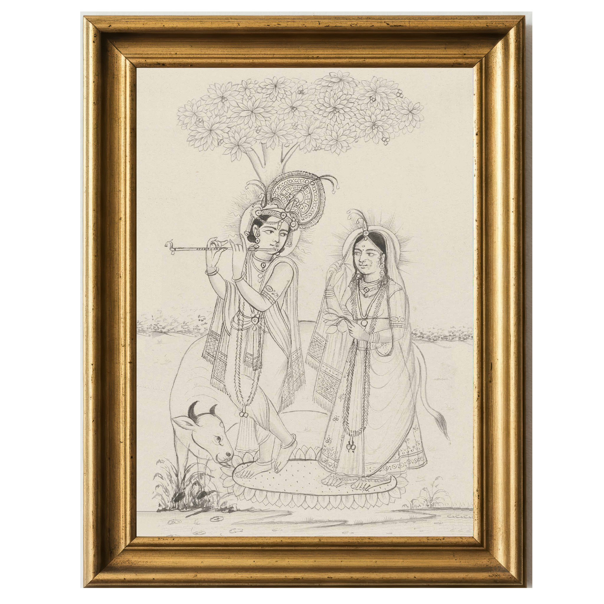 Sketch of Krishna and Radha under a tree, Krishna playing flute while Radha listens