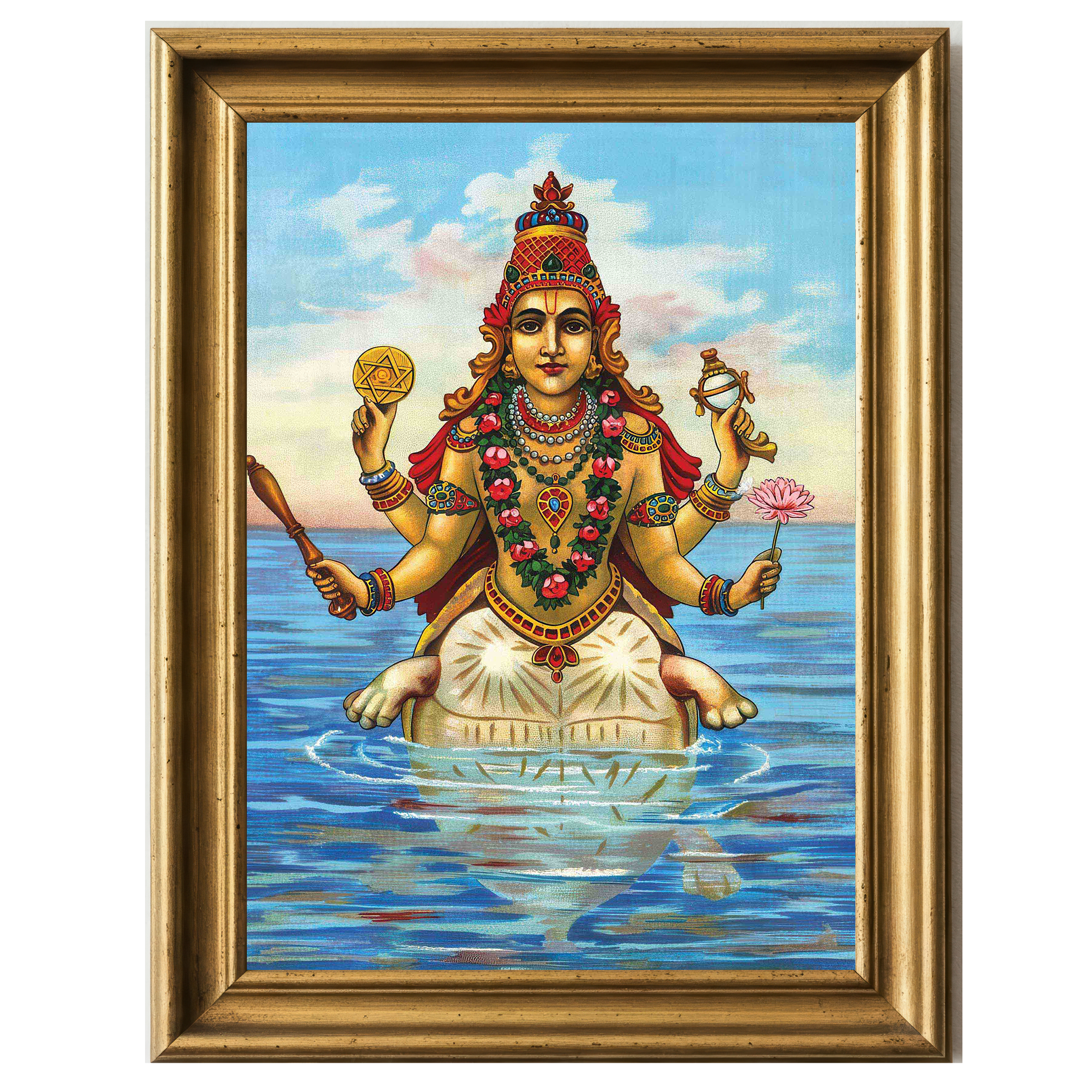 Kurma Avatar of Vishnu with four arms emerging from ocean, holding lotus, conch, chakra, and mace