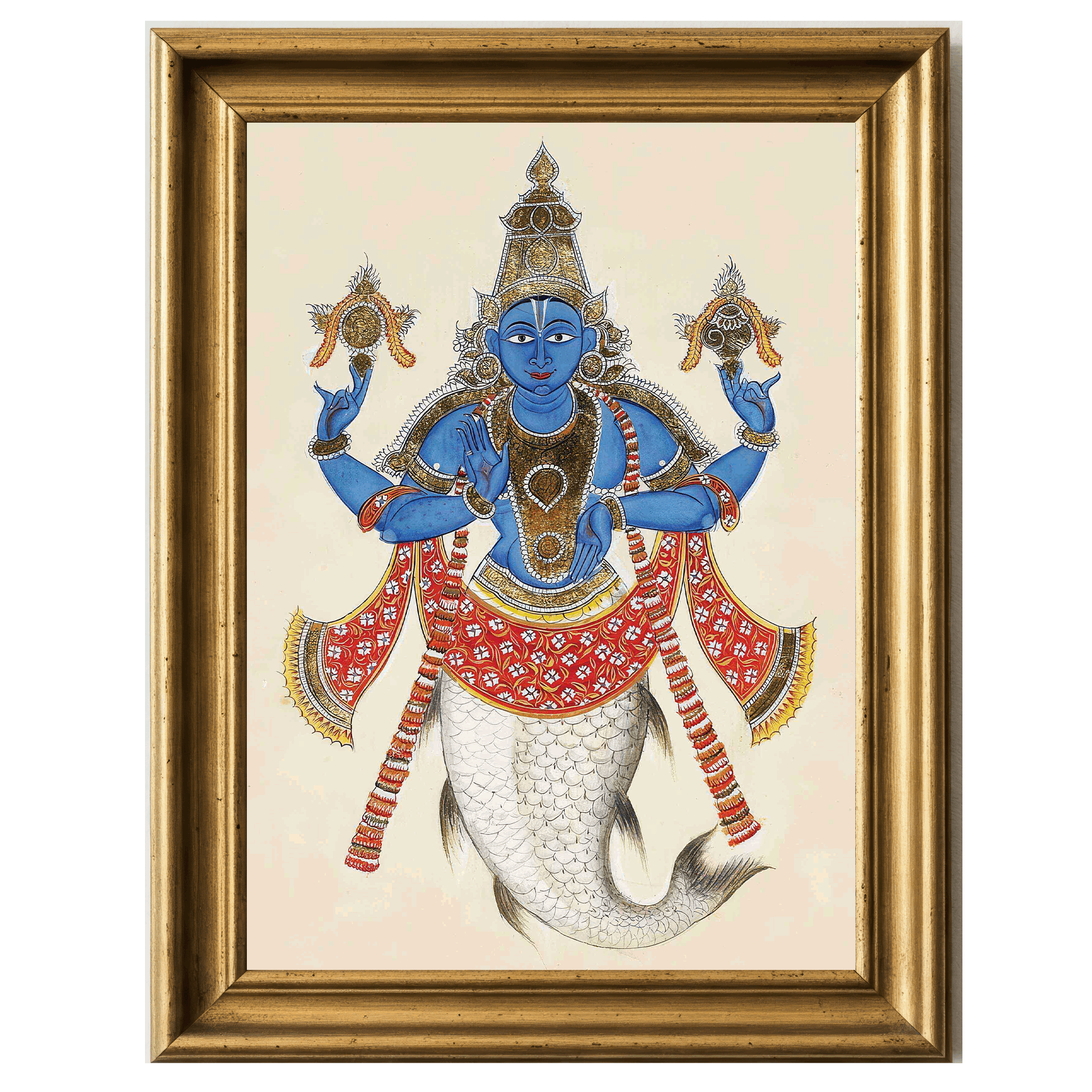 A blue-skinned deity with fish tail and four arms, holding sacred symbols and adorned in royal red and gold attire.