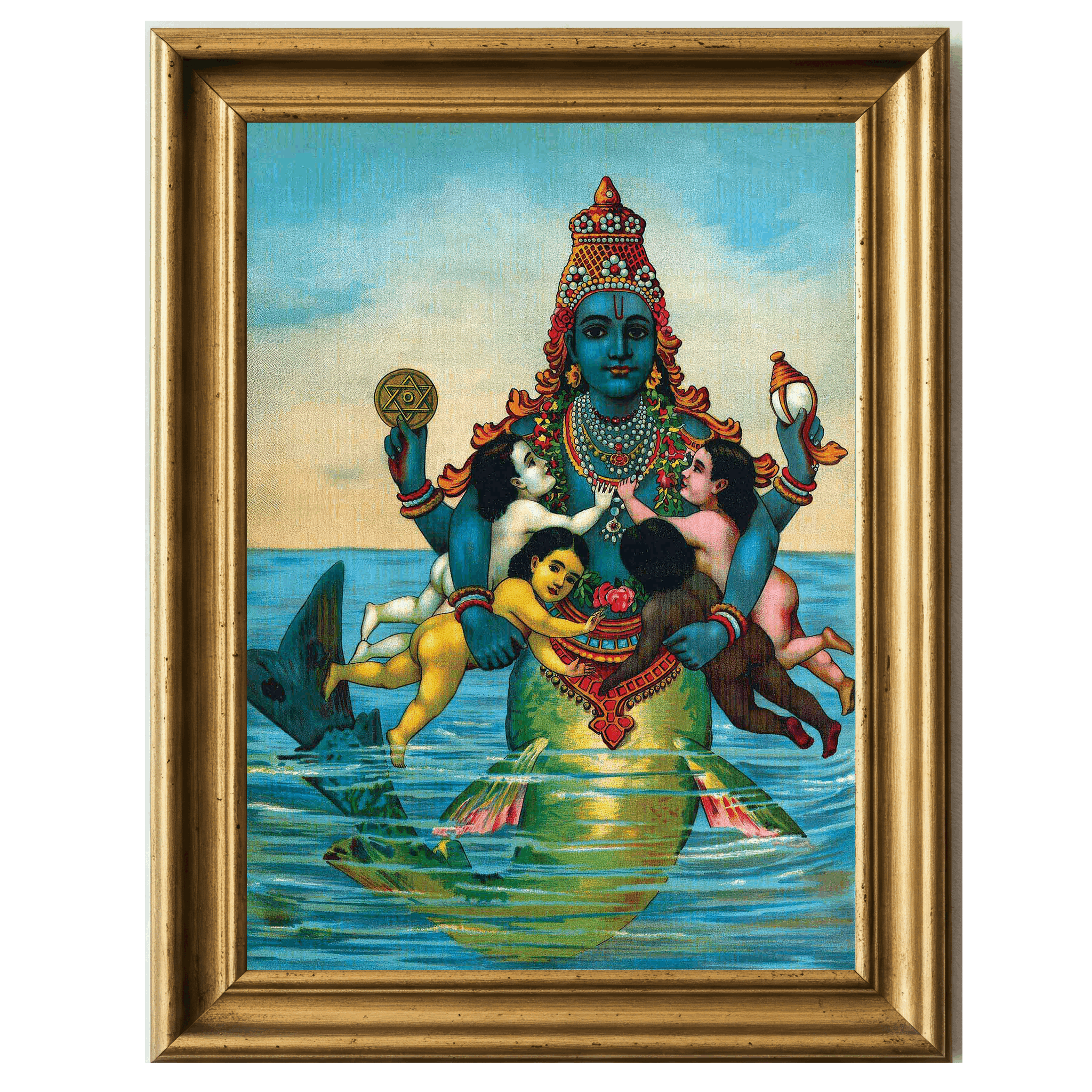 Vishnu as a divine fish with children clinging to him in the ocean, holding a conch and disc, adorned with floral garlands.