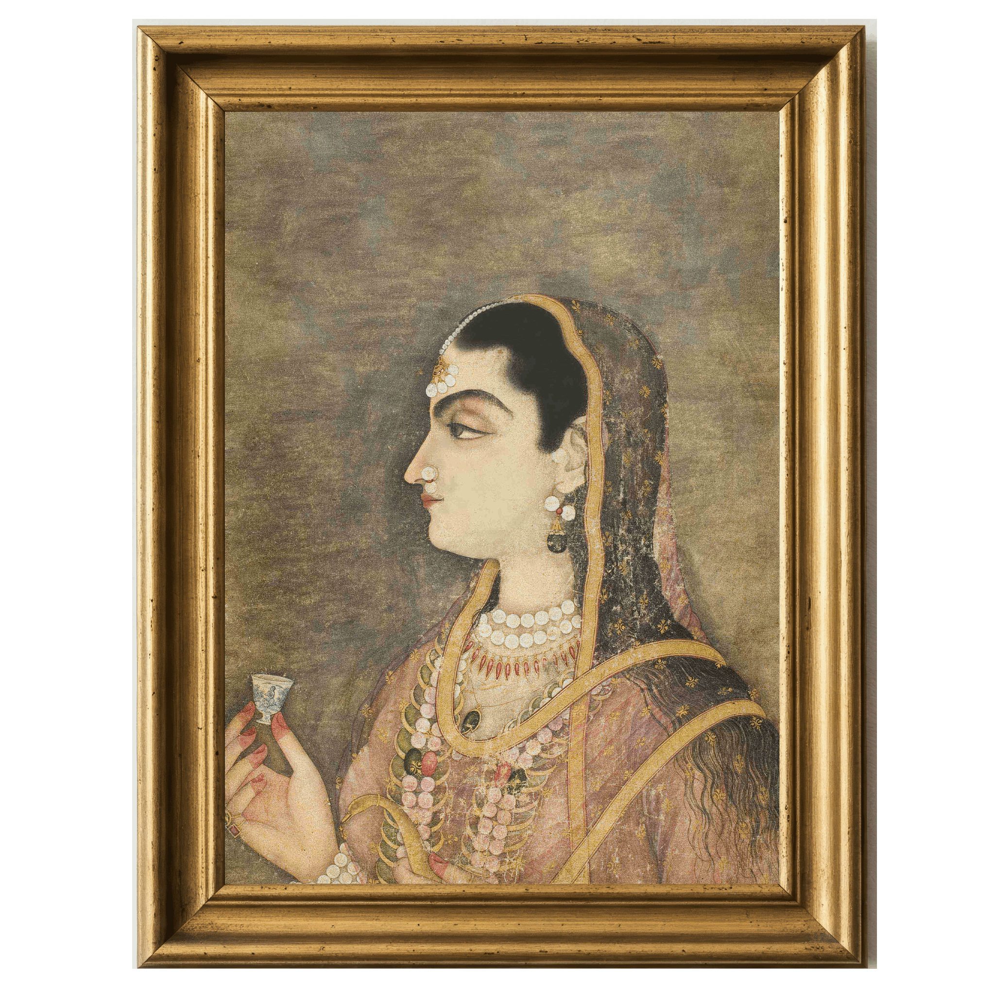 Profile of a Mughal princess holding a small cup, her gaze contemplative.